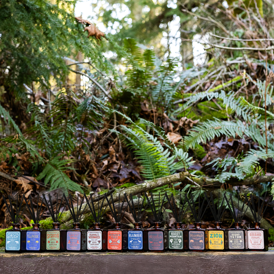 Hawai‘i Volcanoes reed diffuser with amber bottle and black reeds by Good & Well Supply Co., featuring wild fig, ginger, and citrus.