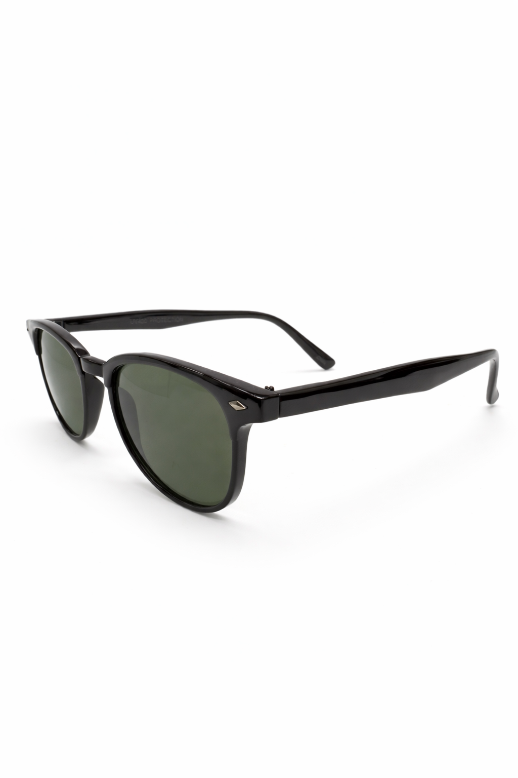 Black sunglasses with green lenses on a white background