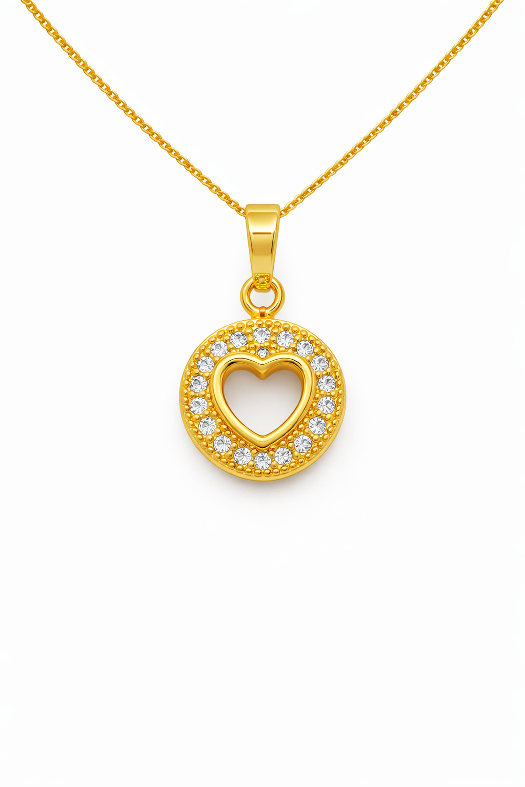 Gold necklace with a heart-shaped pendant on a white background