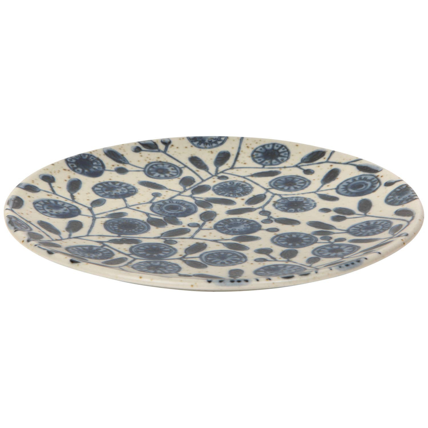 Ceramic plate with blue floral pattern on a white background
