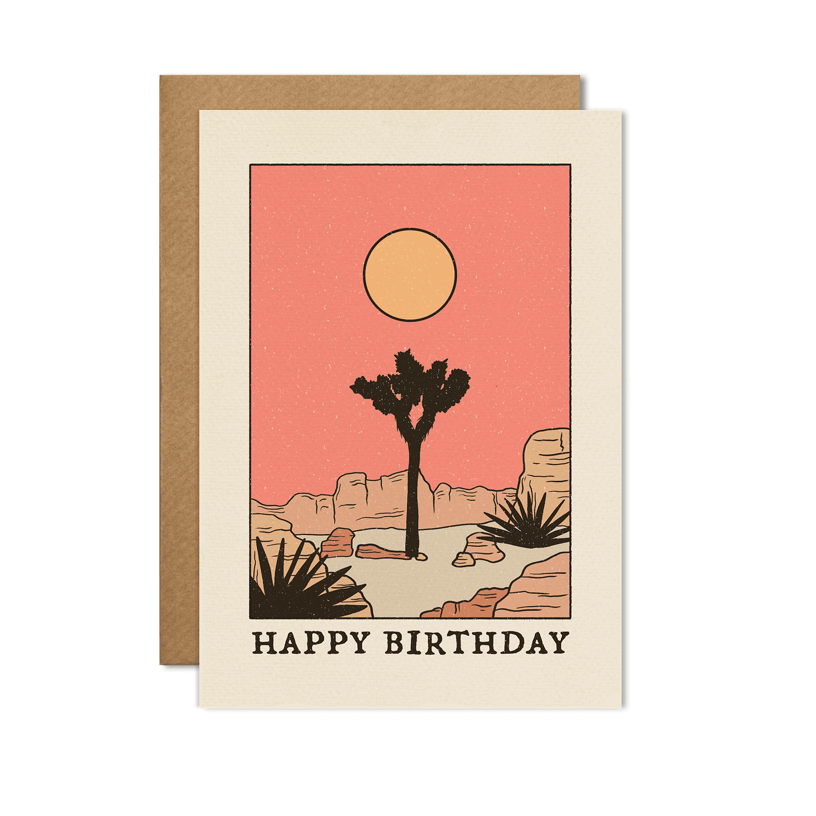 Happy Birthday card featuring a desert scene with a Joshua tree and a warm sunset.