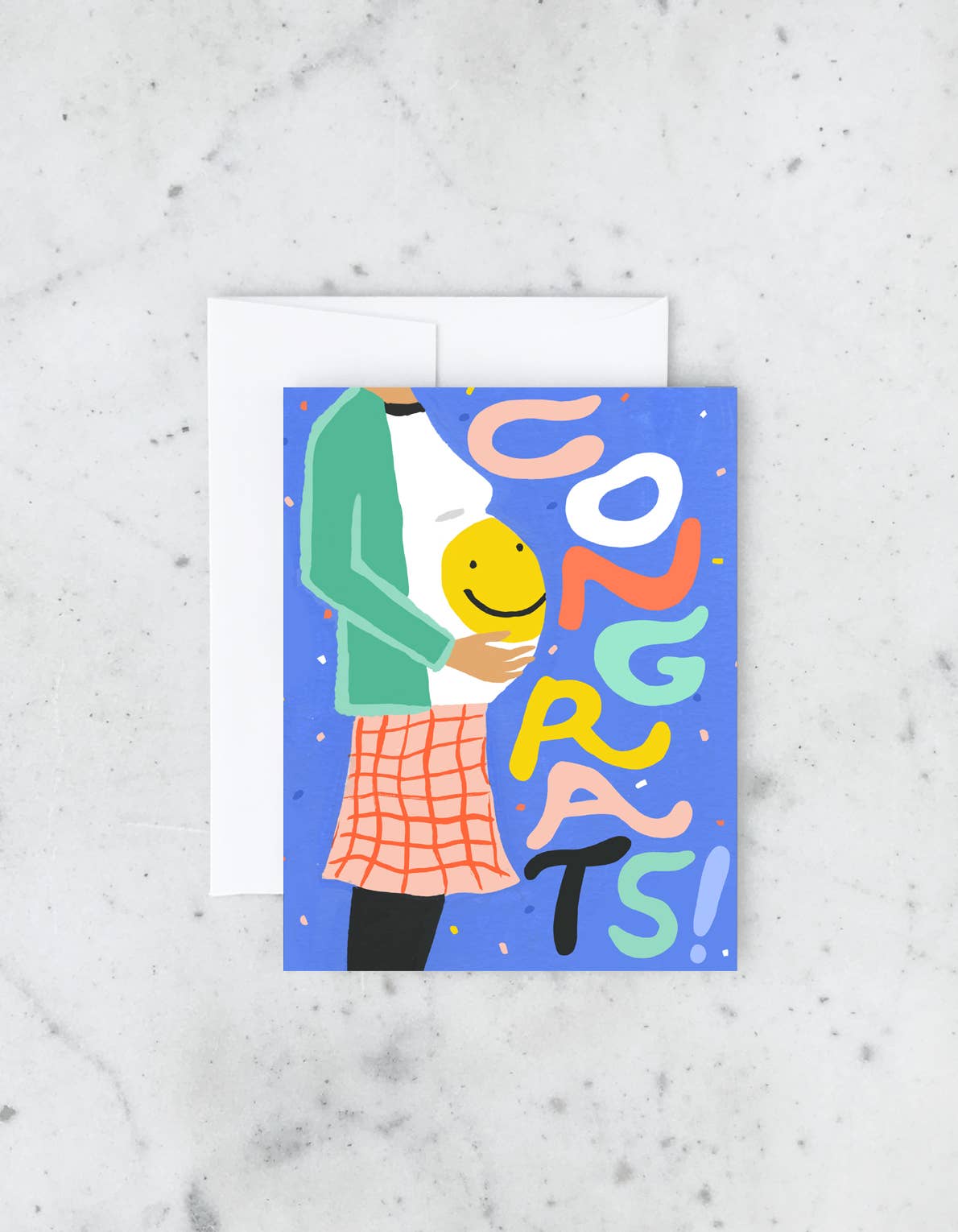 Greeting card with colorful “Congrats!” text and illustration of a pregnant belly with a smiley face.