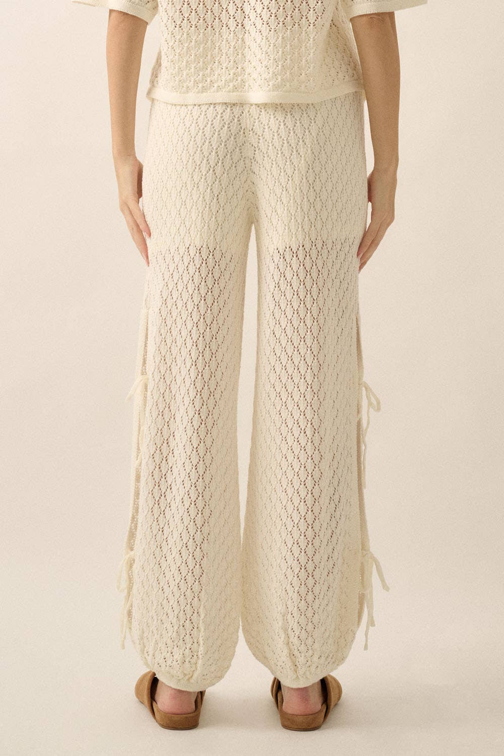 Pointelle Crochet-Knit Side-Tie Pants