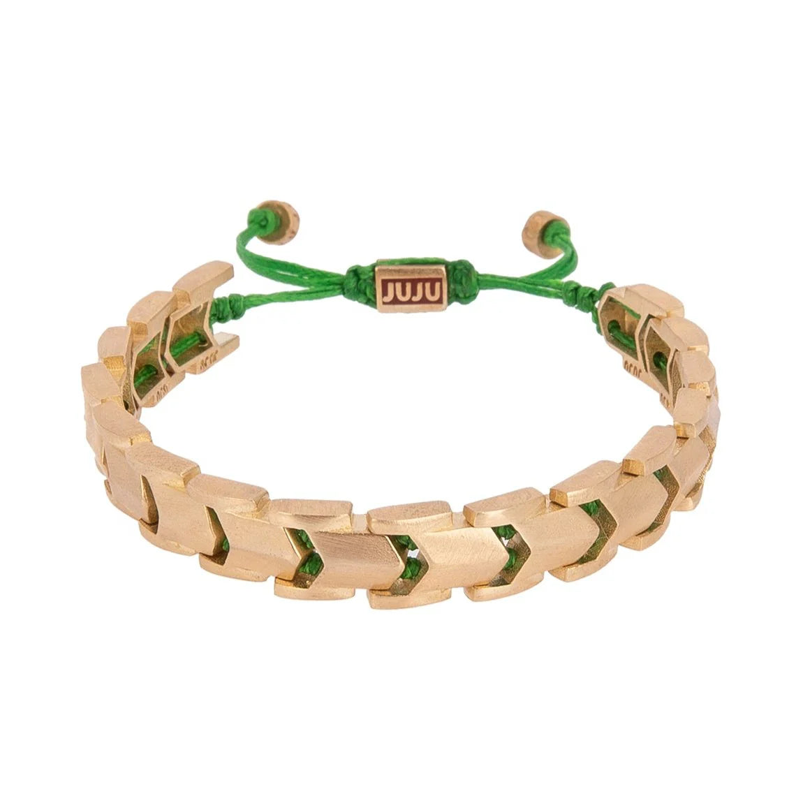 A bronze bracelet with green and gold color scheme, featuring intricate patterns and adjustable ends.