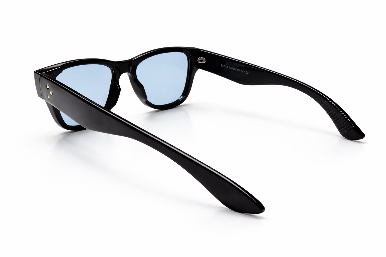 Black sunglasses with blue lenses on a white background