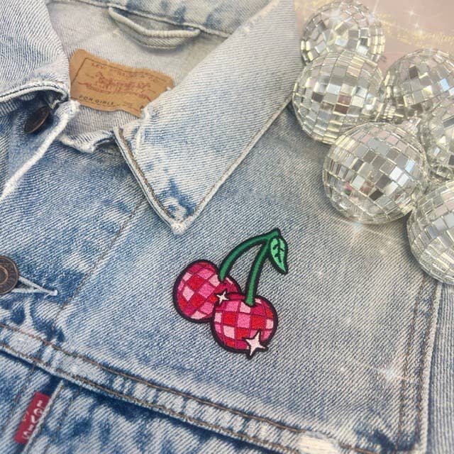 Disco Ball Cherries Patch featuring a pair of cherries designed as shiny disco balls.