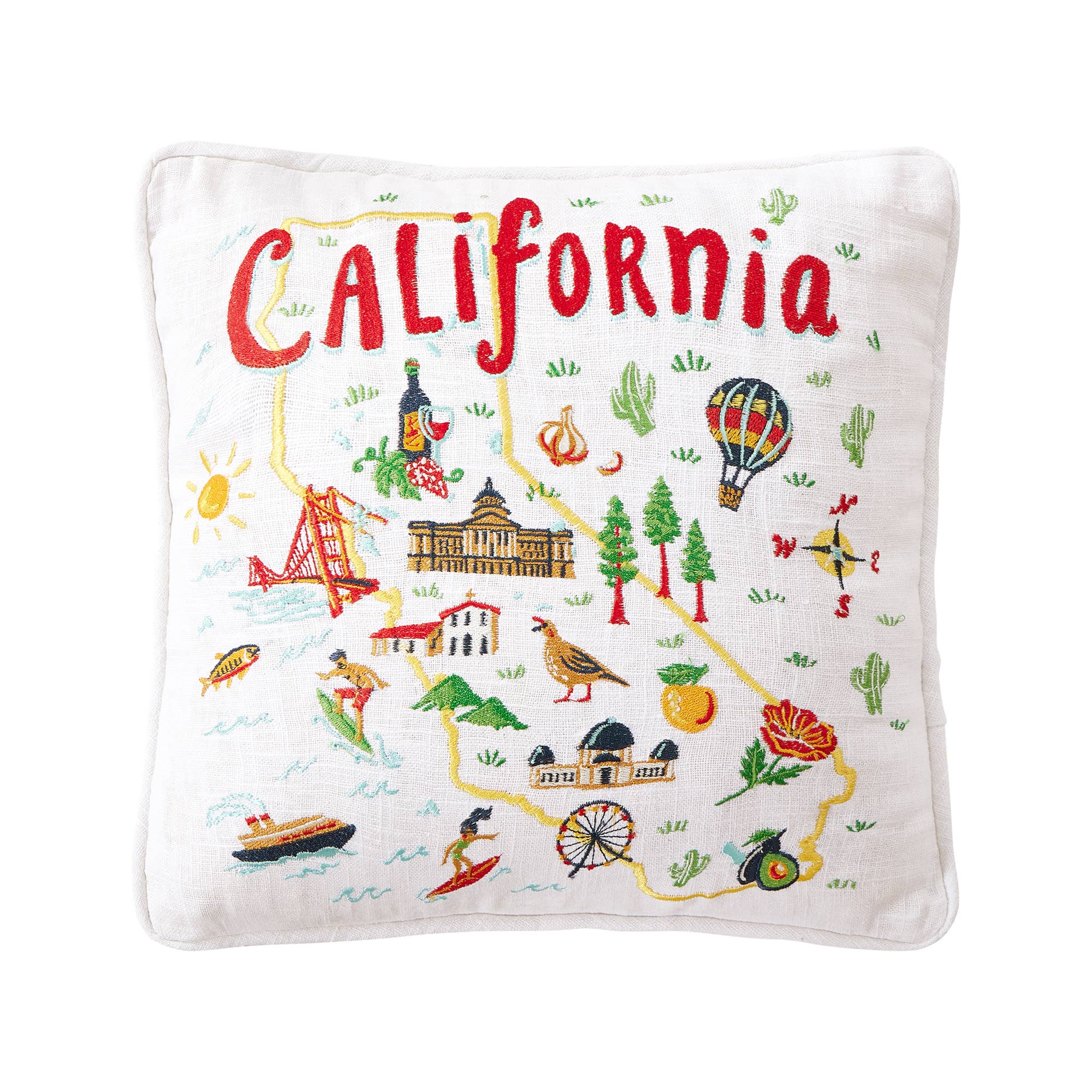 Square embroidered pillow featuring a colorful map of California with landmarks and symbols.
