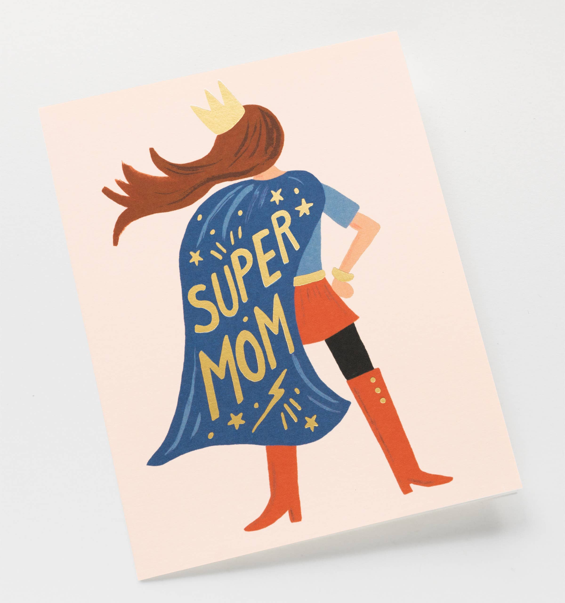 Super Mom greeting card featuring an illustrated mom in a cape and crown, paired with a gold envelope for a special touch.