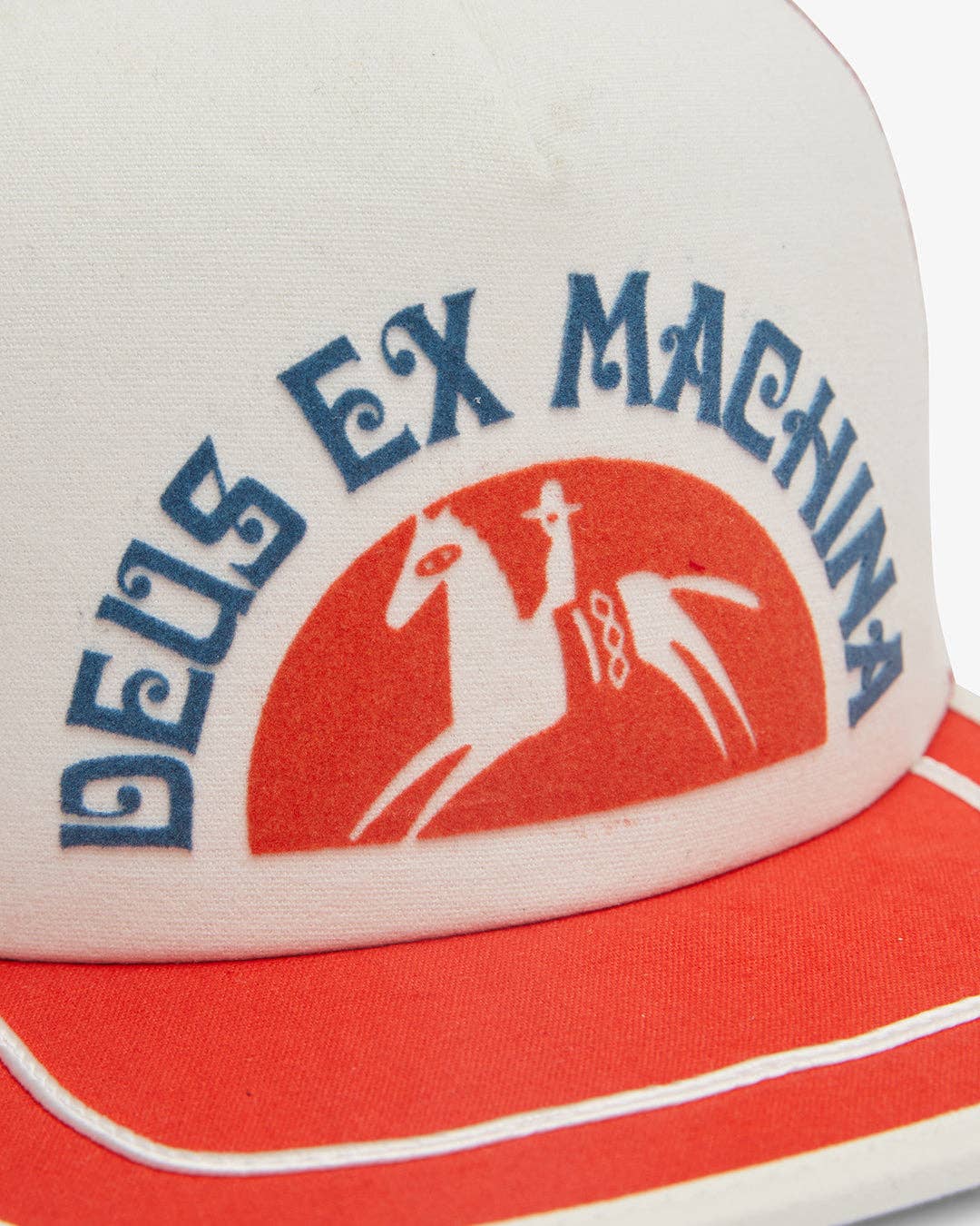 Cap with 'Deus Ex Machina' logo featuring a horse and red background