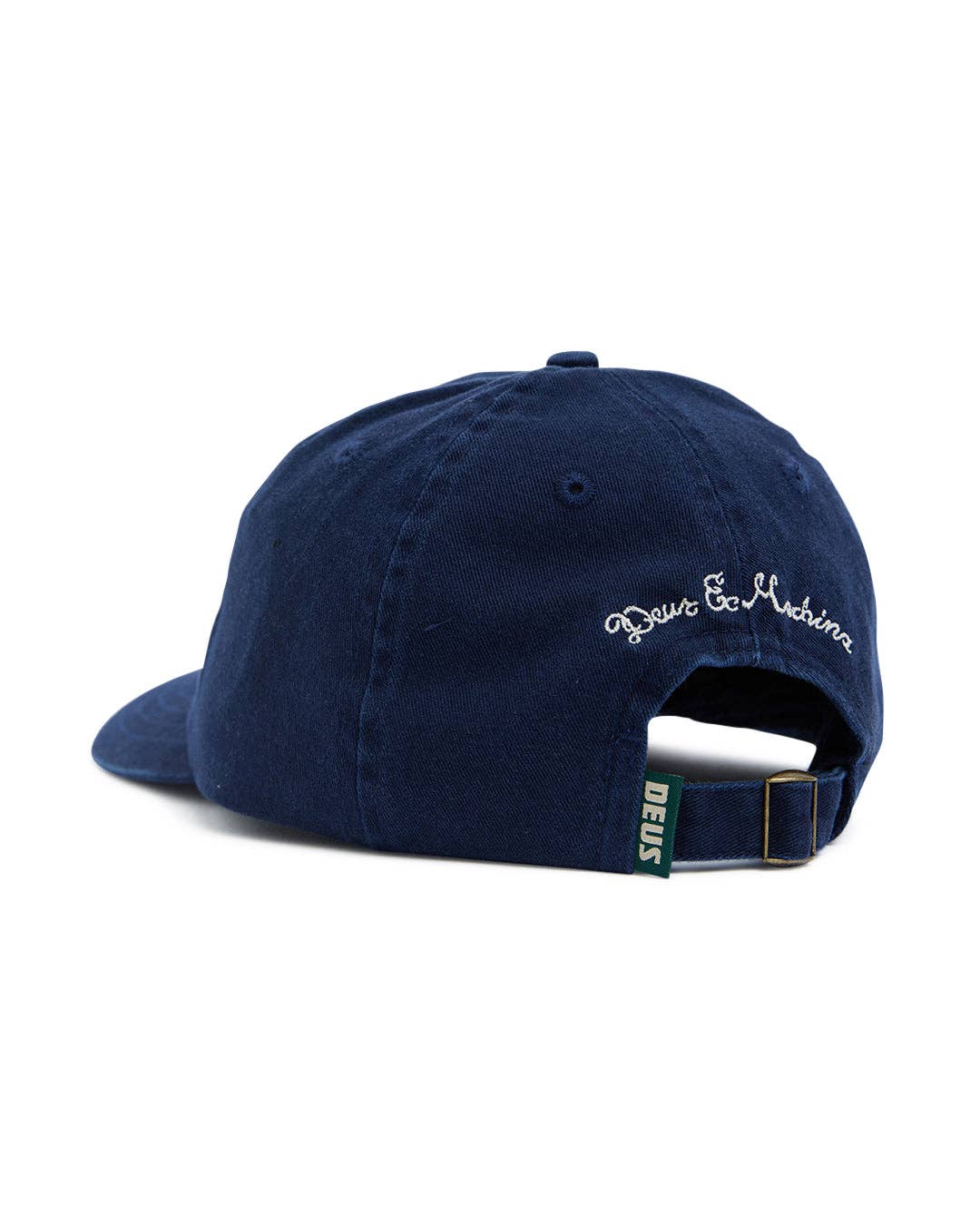 Navy blue cap with ' Deus Ex Machina' logo on a white background