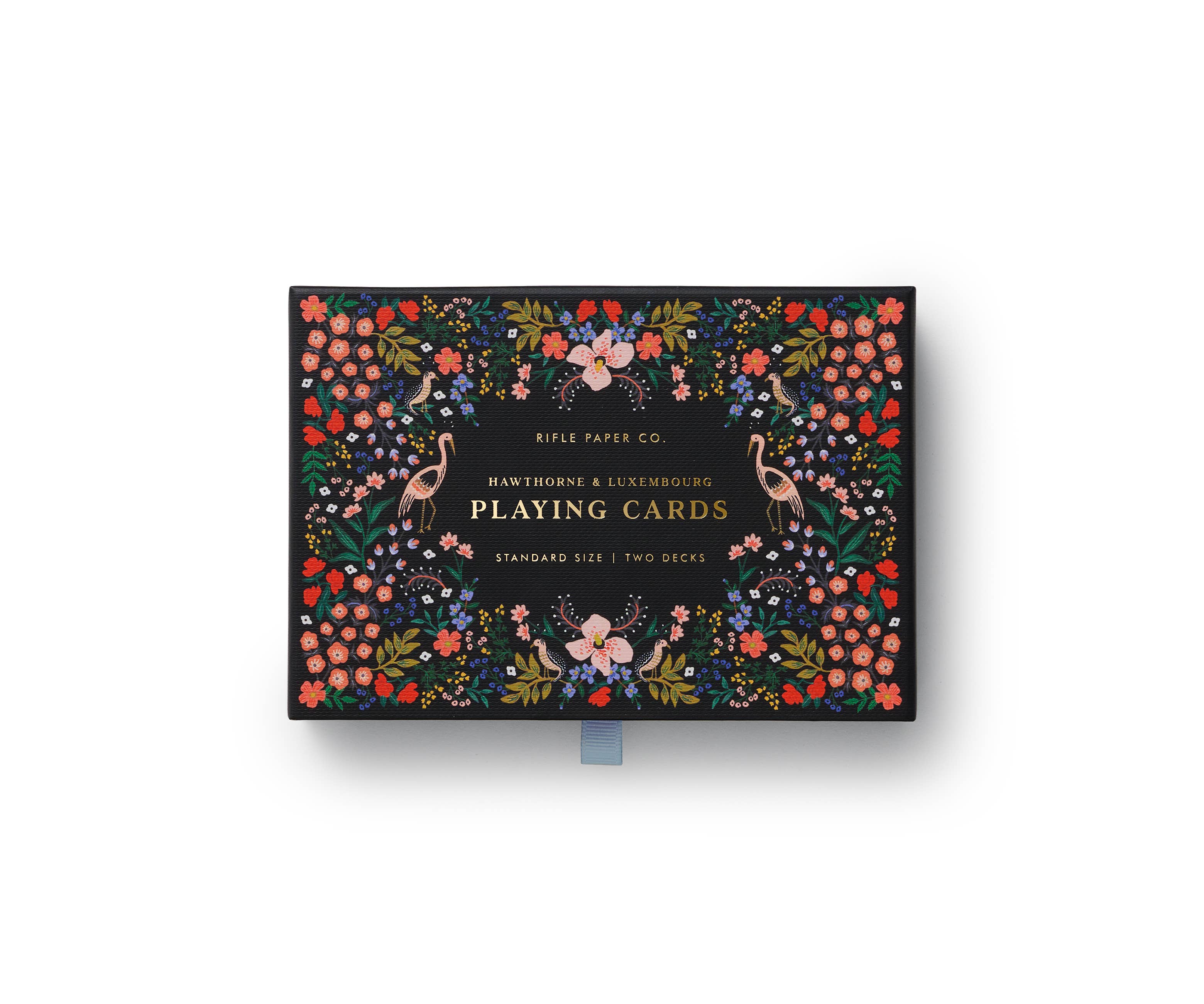 Playing card set with two floral-designed decks and gold accents in a decorative keepsake box.
