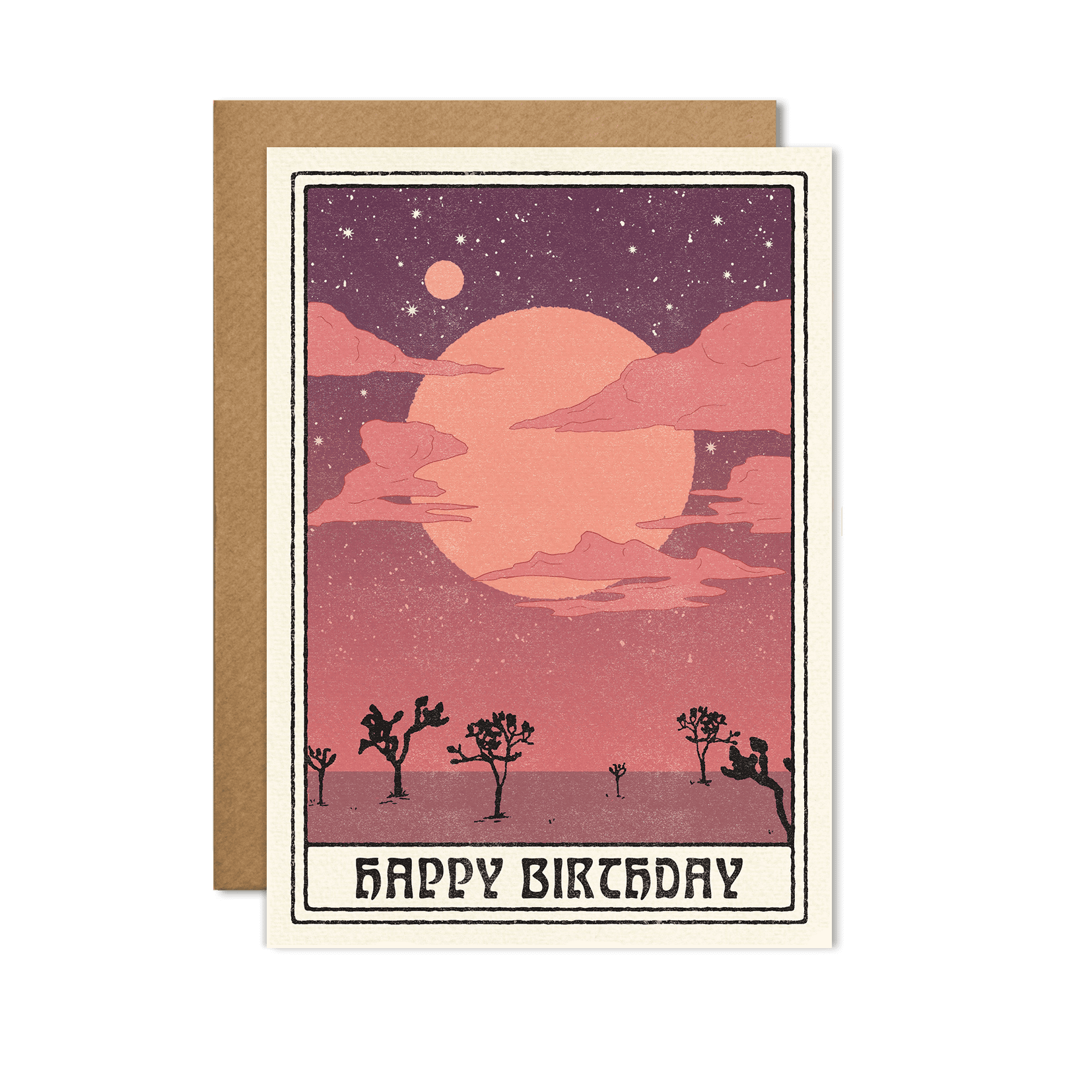 Happy Birthday card featuring a dreamy desert scene with a Joshua tree and a large moon against a starry purple and pink sky.