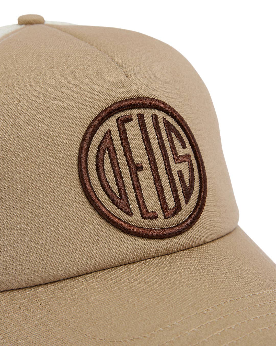 Beige cap with a brown logo on a white background