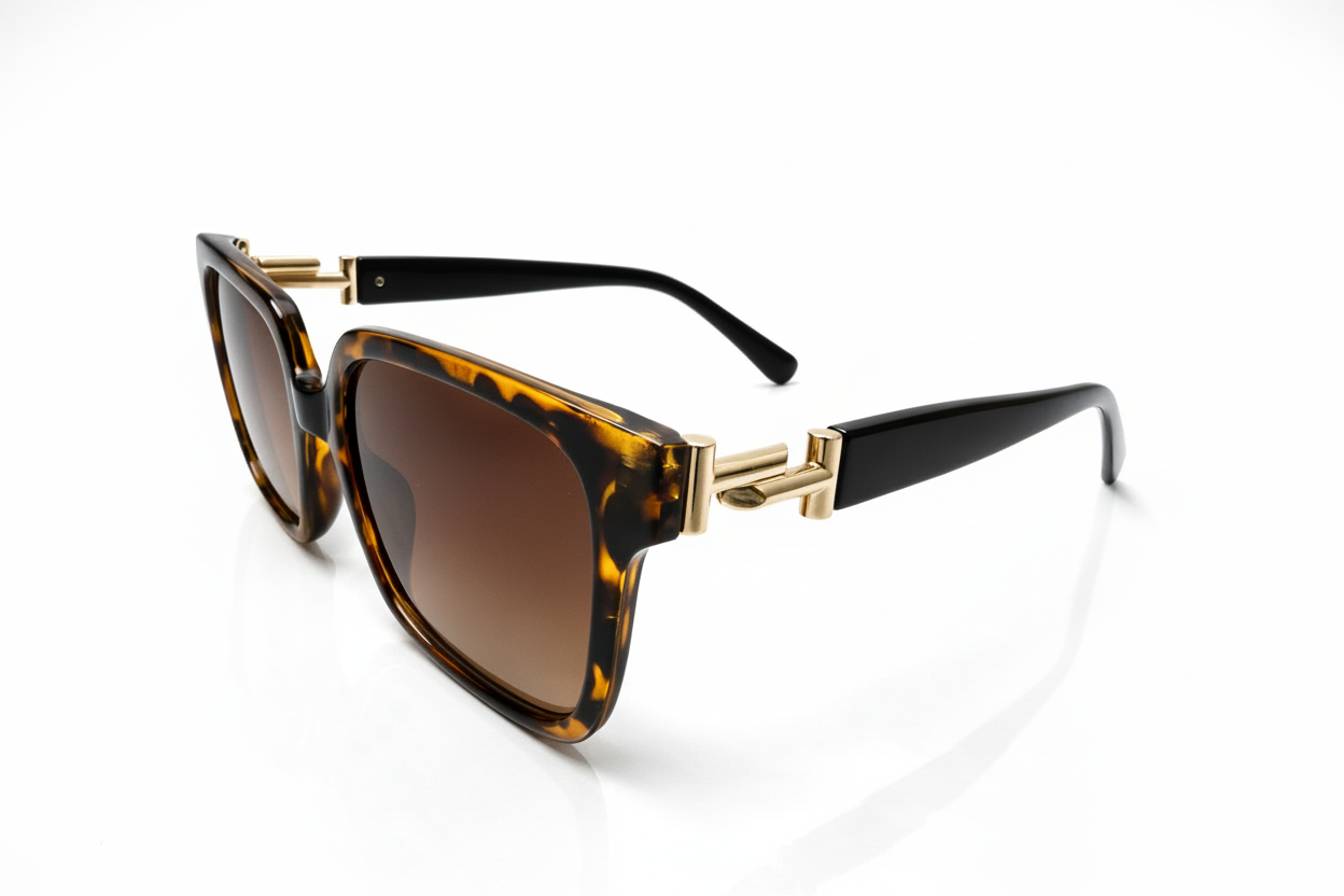 Sunglasses with tortoiseshell frame and brown lenses on a white background