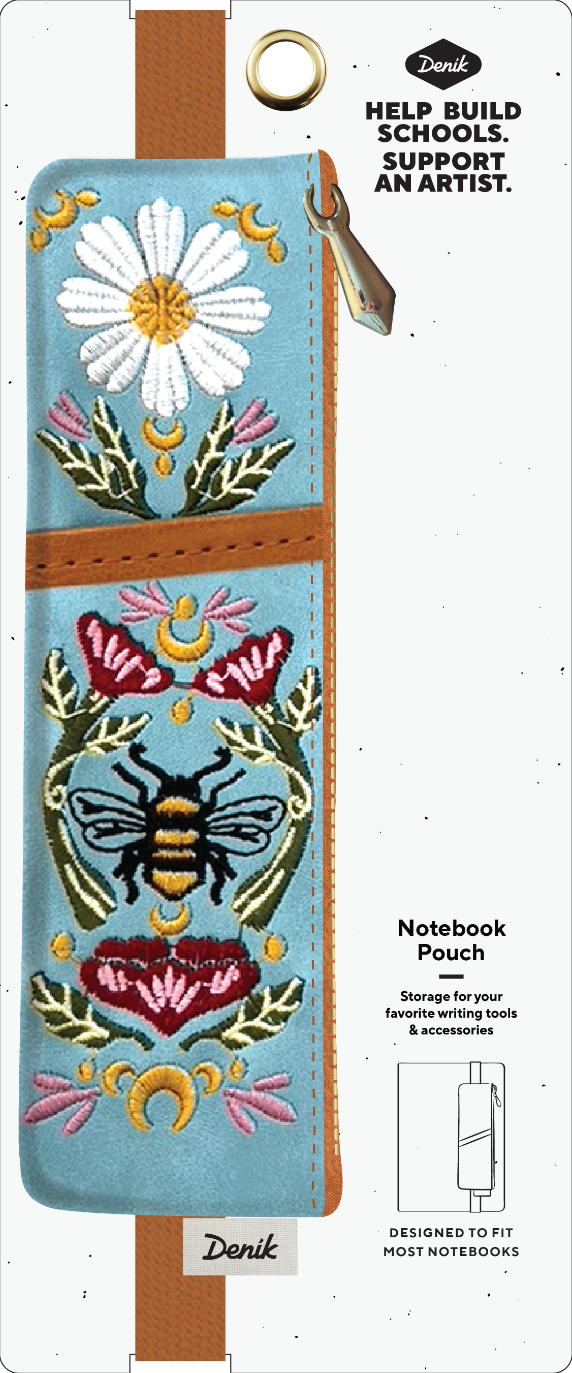 Honeybee Tea embroidered pouch with floral design on soft faux suede, featuring an elastic band that fits around most notebooks.