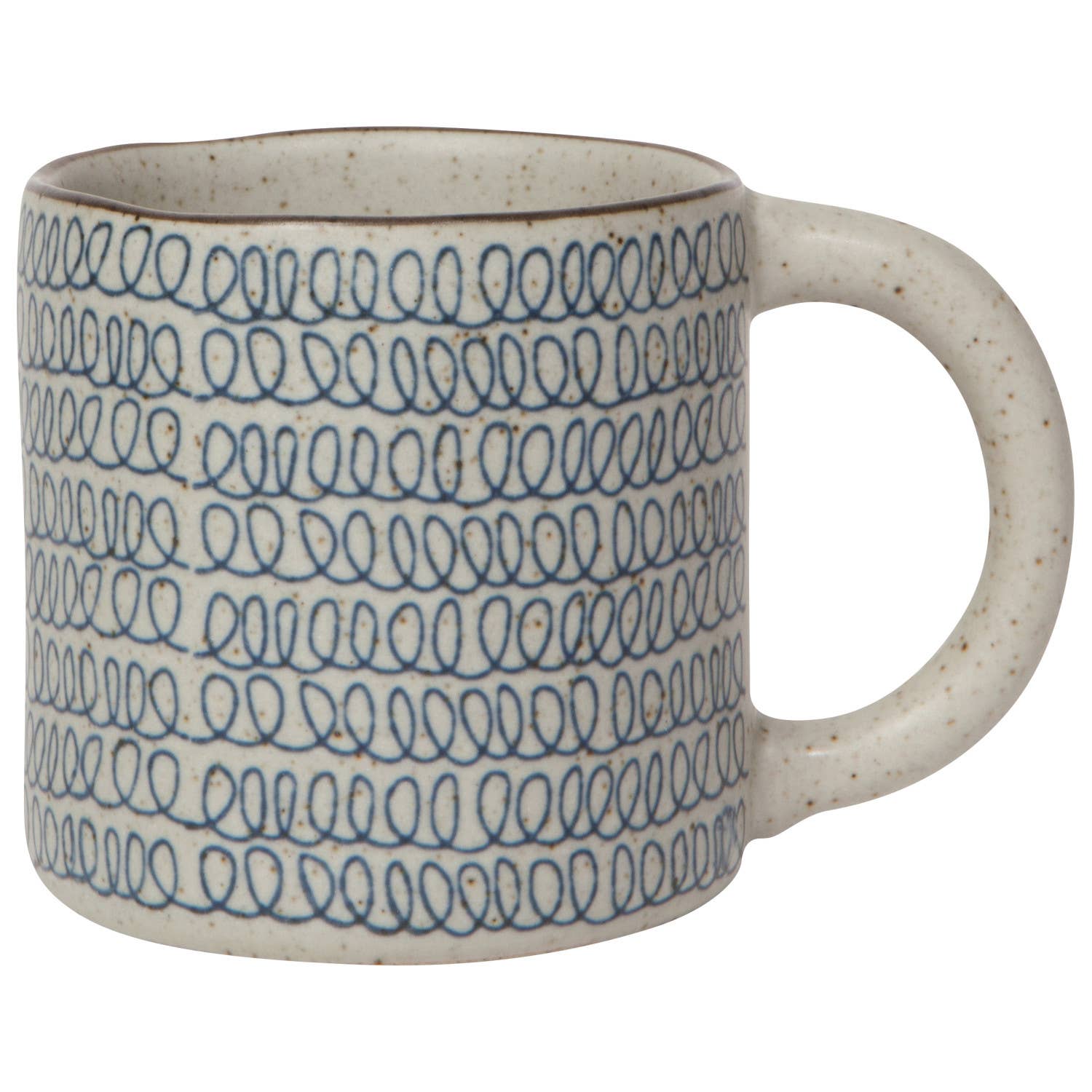 Handmade ceramic mug with a speckled glaze and blue loop pattern, featuring a sturdy handle for coffee or tea.