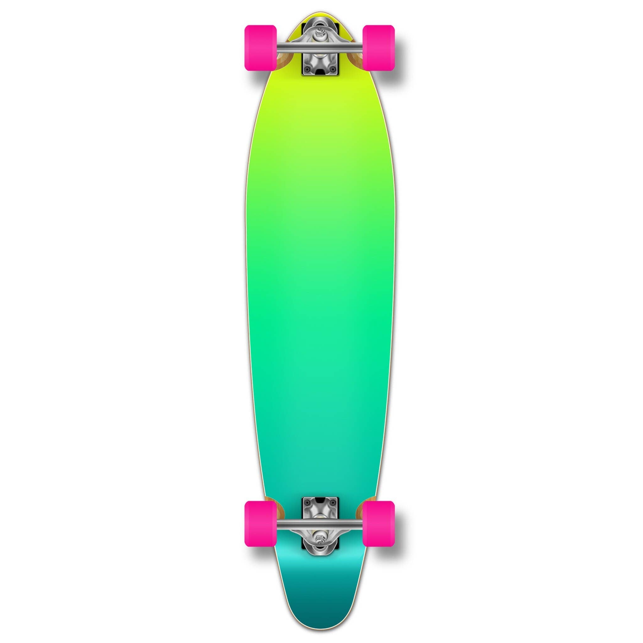 Gradient Green Longboard with a green to yellow gradient deck and bright pink wheels.