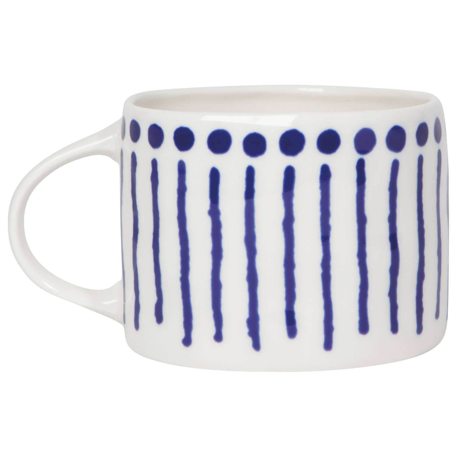 White mug with blue pattern on a white background