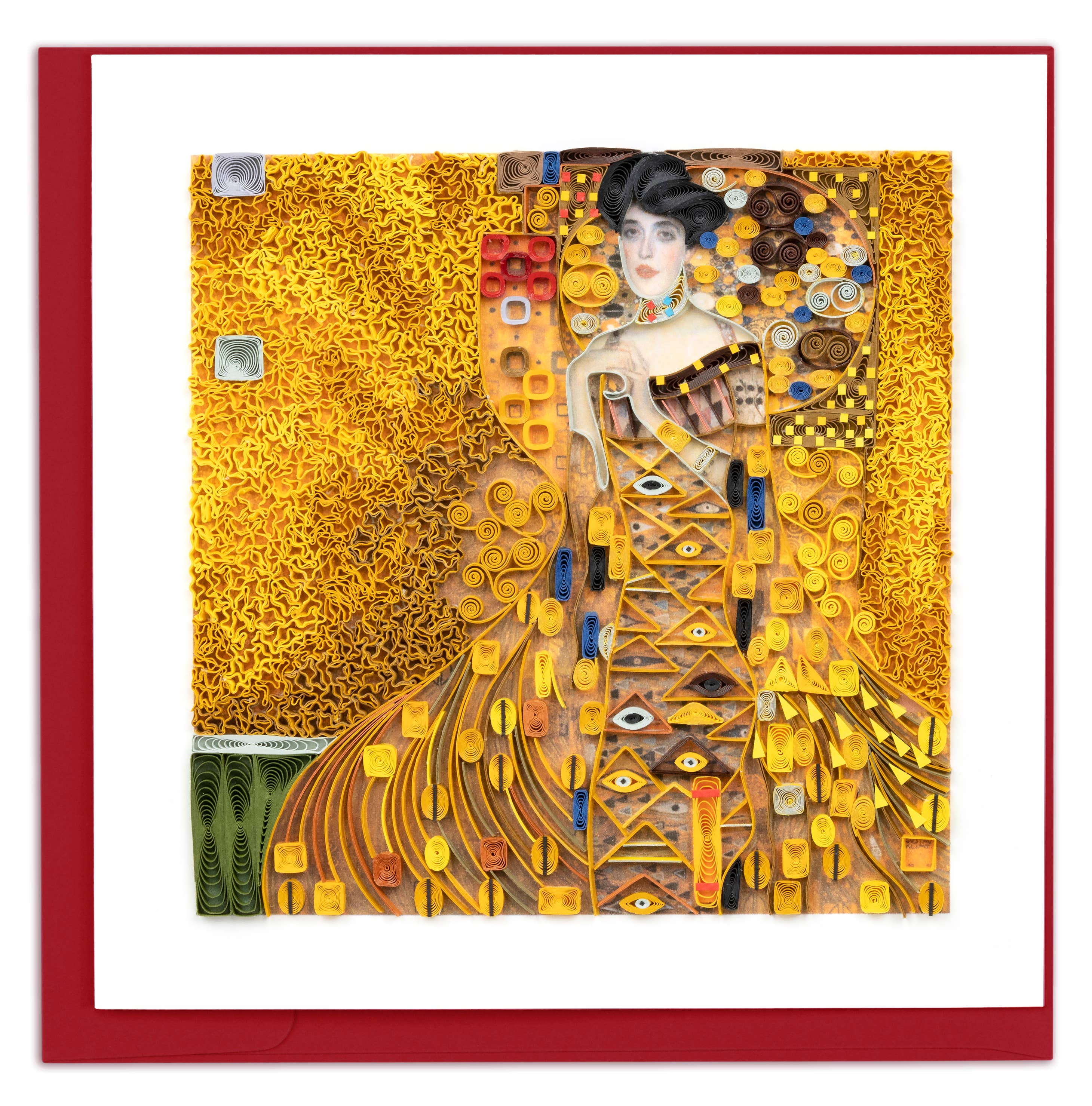 Artistic depiction of a woman in a stylized, decorative dress with geometric patterns on a yellow background.