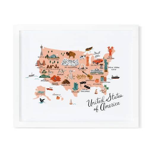 Framed illustrated United States map print featuring iconic landmarks and regional symbols in a modern, artistic style.