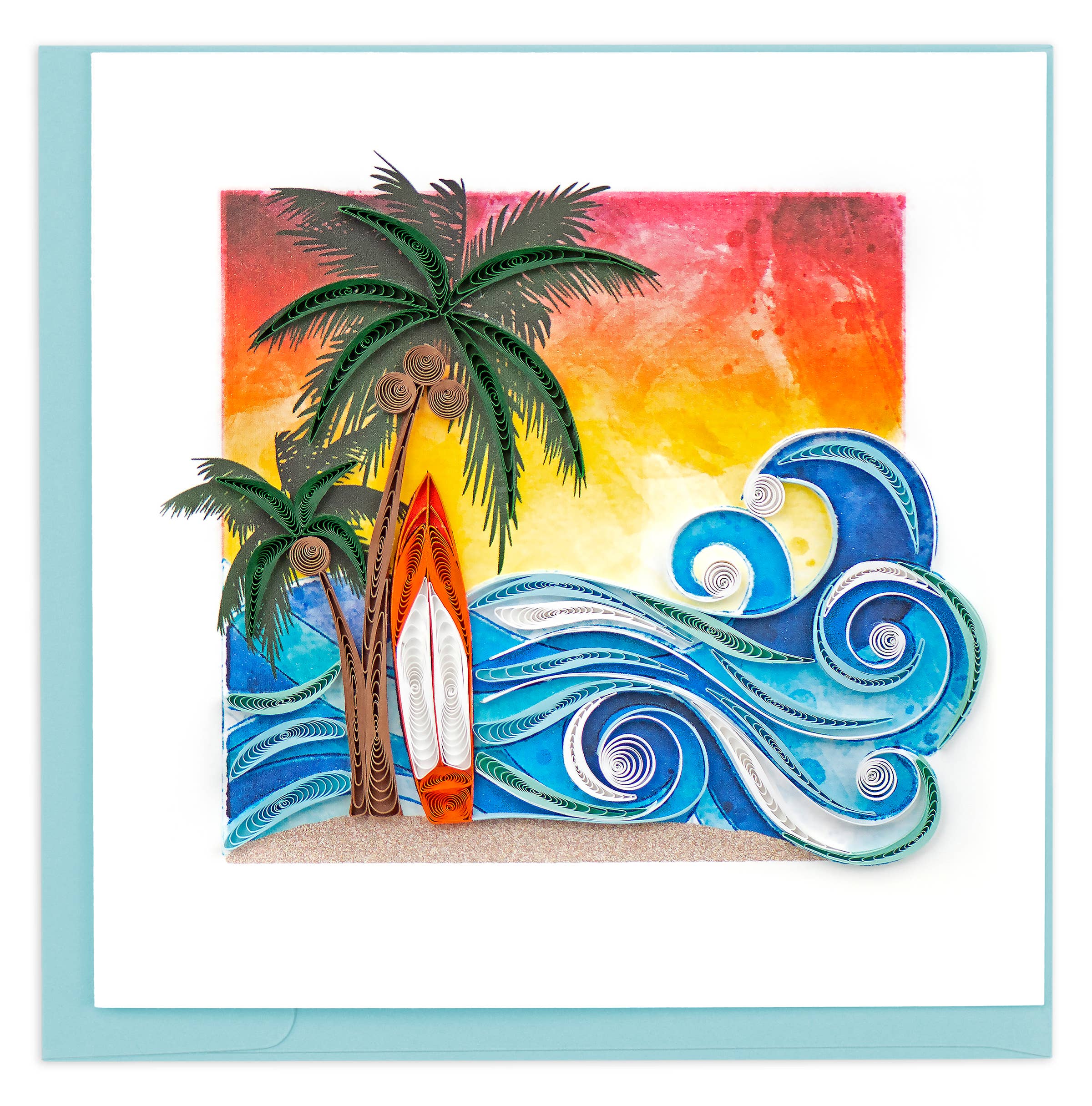 Surreal artwork with palm trees, a surfboard, and swirling blue and white waves against a colorful sky.