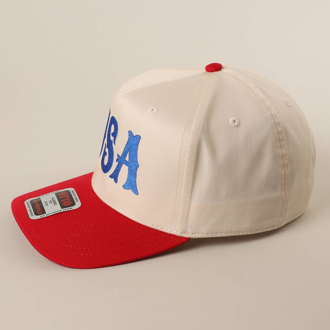 Cap with 'USA' text on a beige background