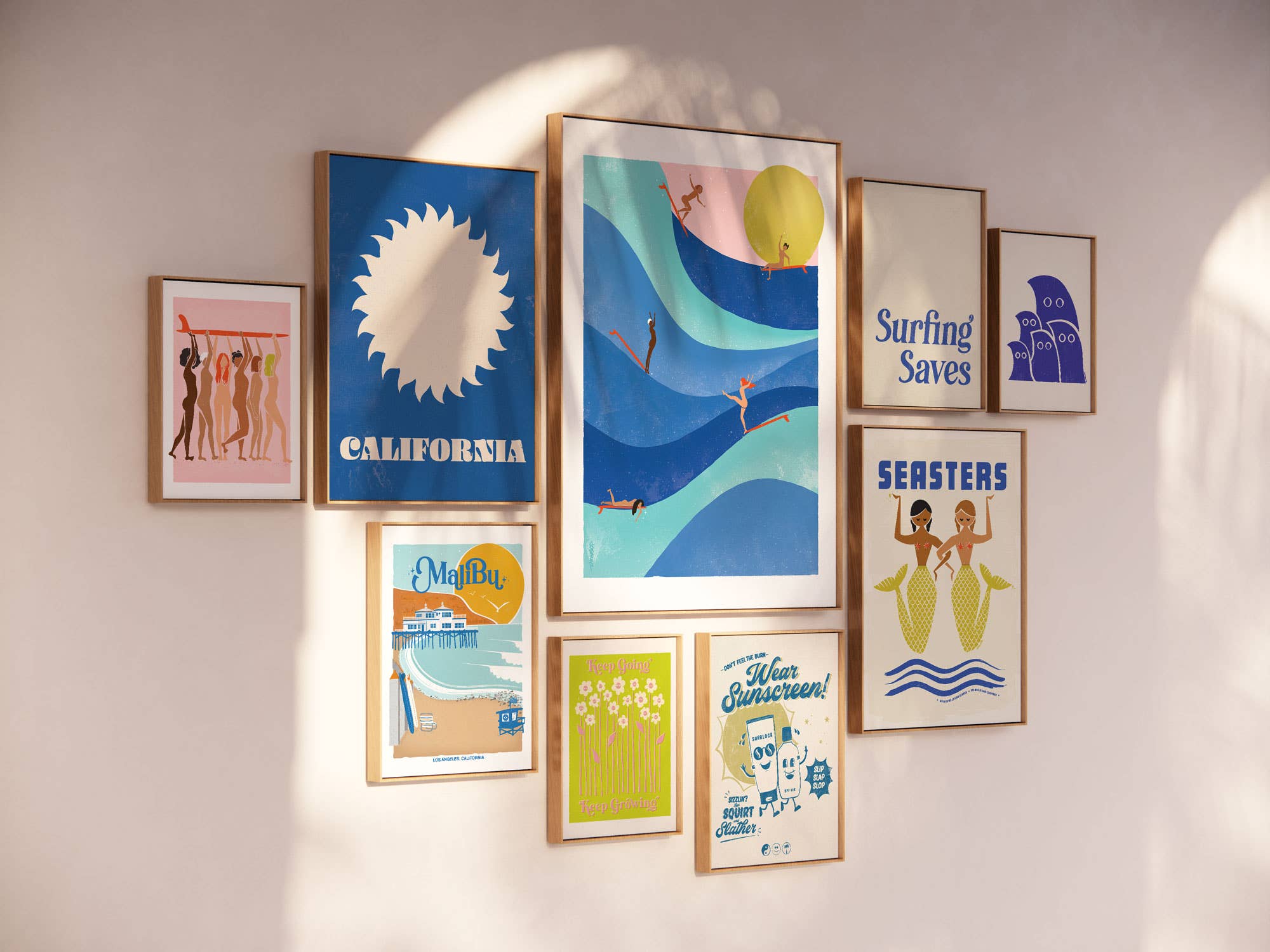Helping Hands Print featuring diverse women standing together and holding a surfboard, framed in a wooden frame.