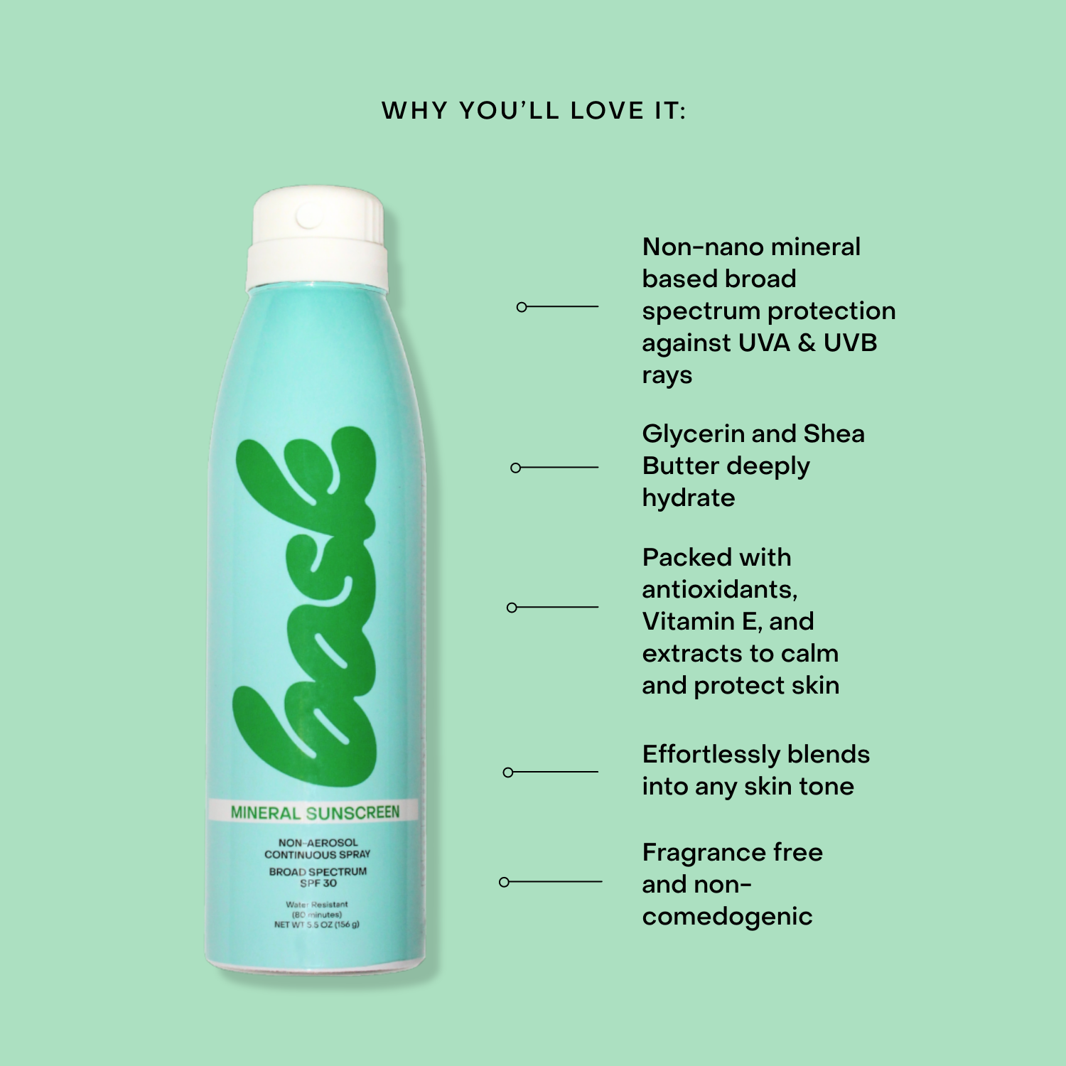 Bottle of mineral sunscreen with text on a green background