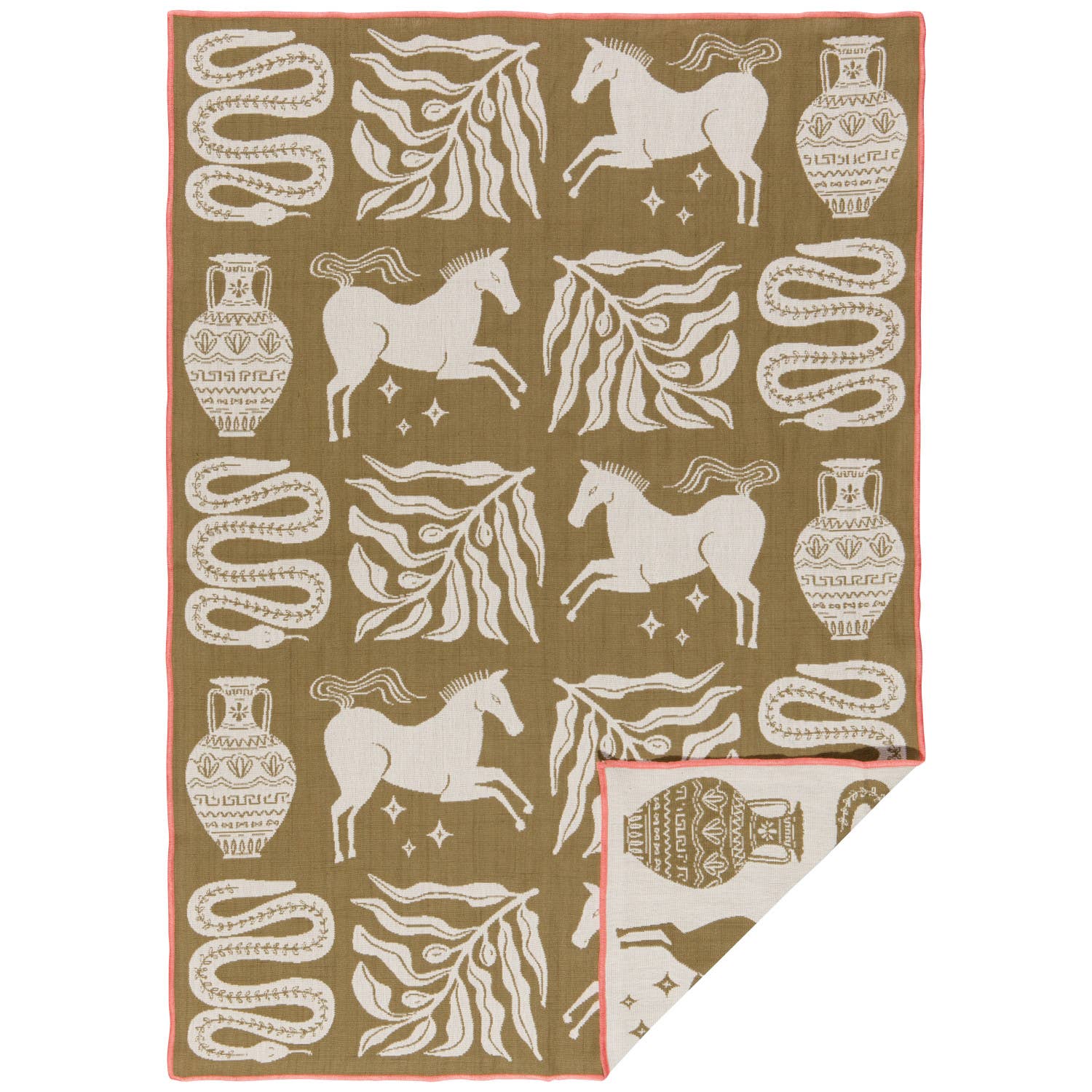 Olympus Imprint Double-Layer Dish Towel featuring intricate Greek-inspired motifs on an earthy background with a loose weave for quick drying.