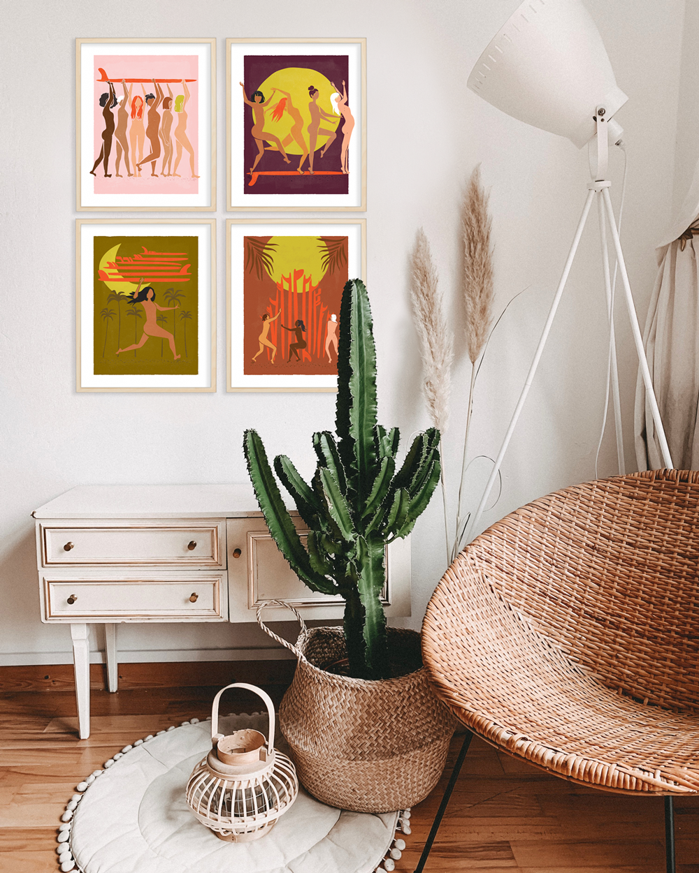 Helping Hands Print featuring diverse women standing together and holding a surfboard, framed in a wooden frame.
