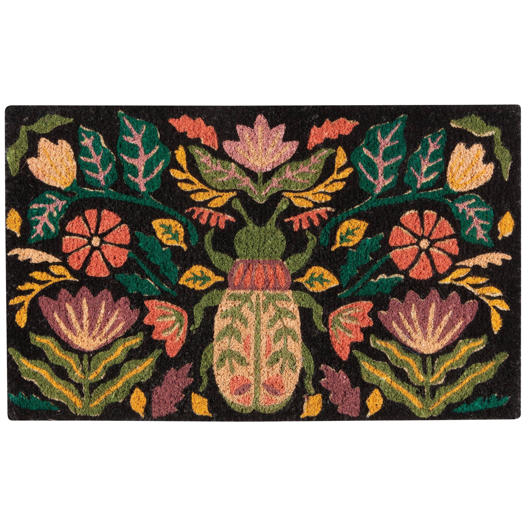 Amulet Symbolism Coir Doormat featuring colorful ancient charms on a black background.