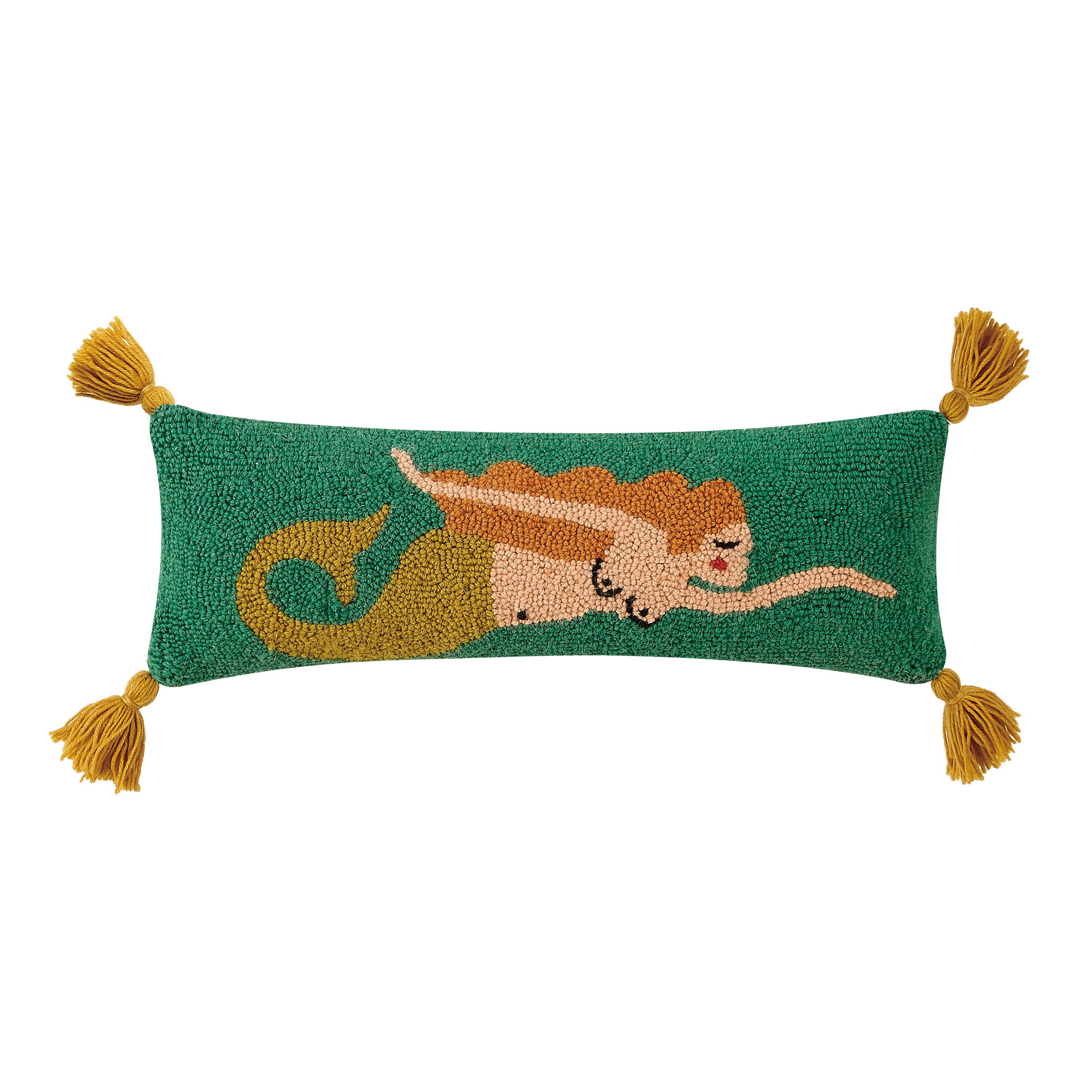 Mermaid hook pillow with a vintage mermaid design on a green background and golden tassel corners.