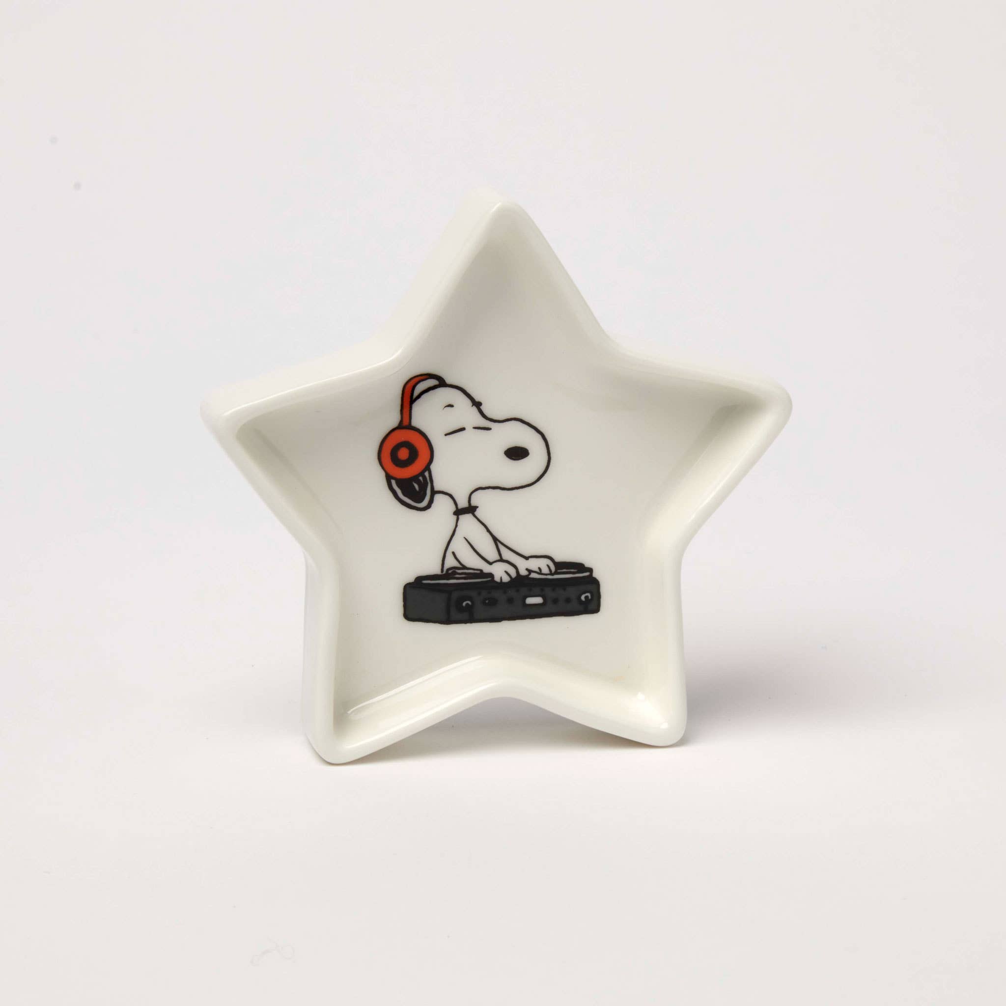 Star-shaped ceramic trinket dish with a DJ wearing headphones and using a turntable, packaged in a blue and orange gift box.