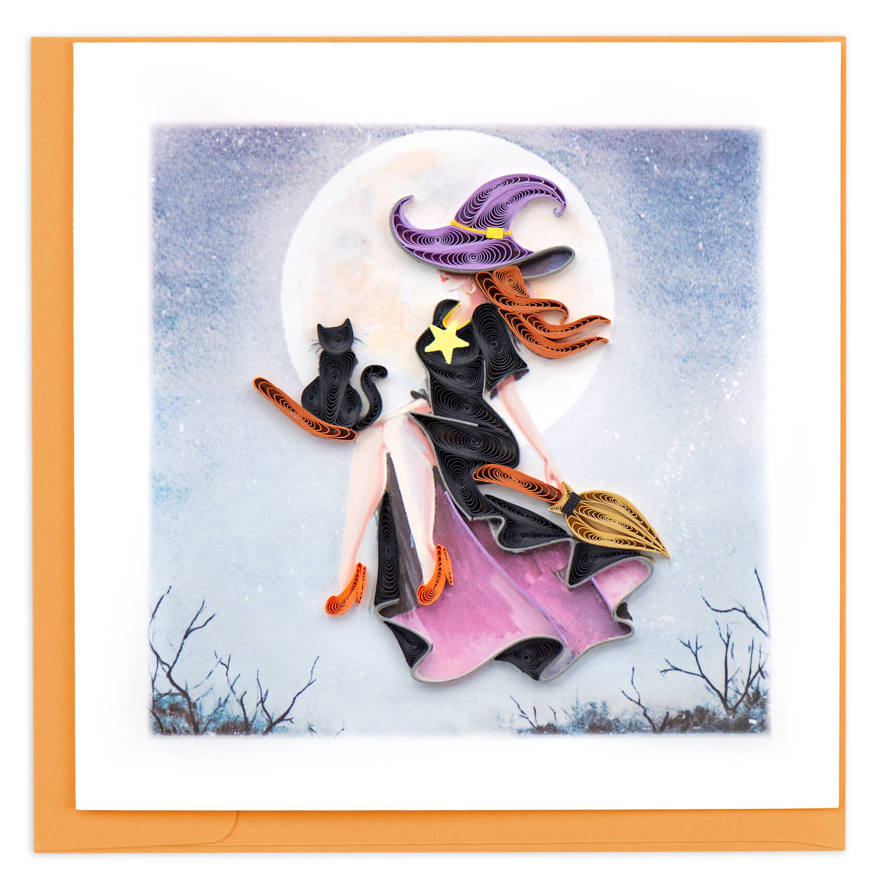 Quilled witch with black cats against a moonlit sky
