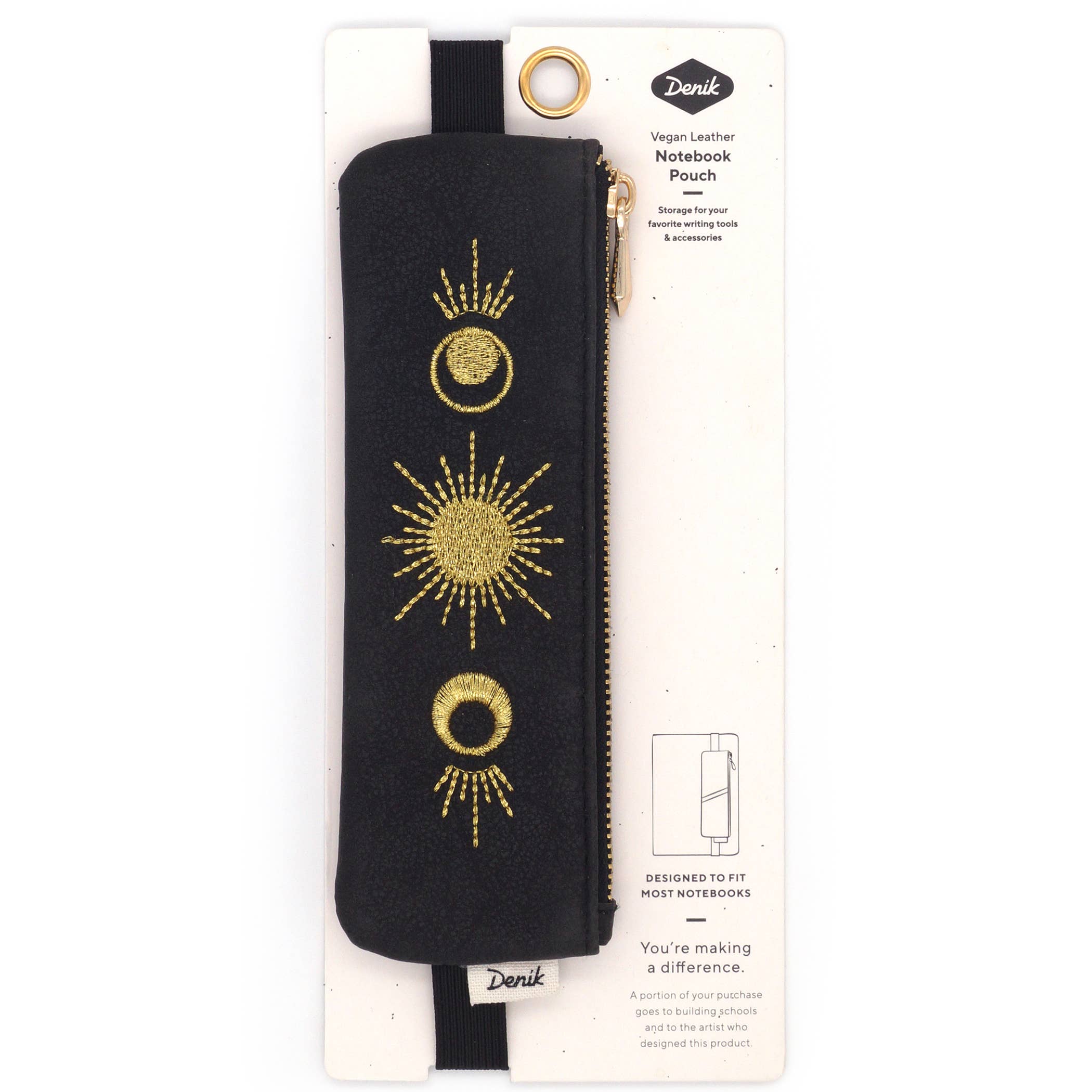 Moon Phase vegan leather pouch with gold embroidered moon phase design, zippered closure, and elastic band for notebooks.