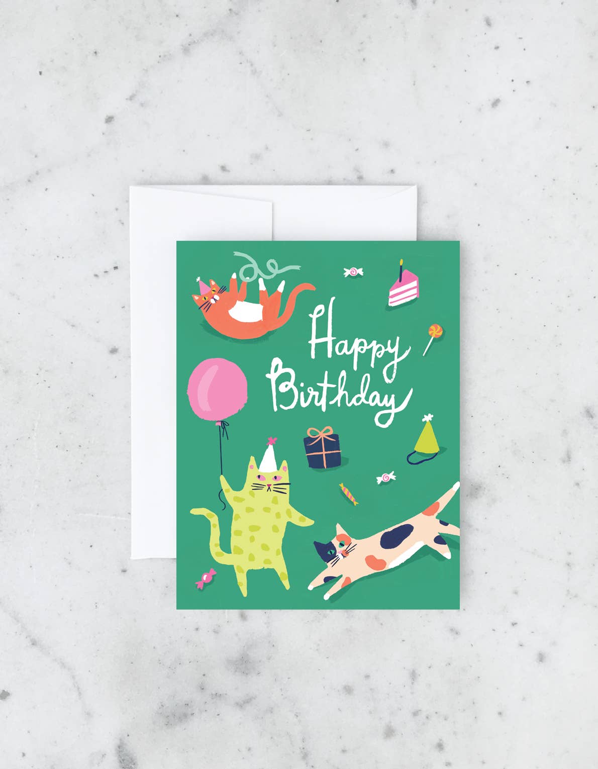 Birthday card with cats and celebratory items on a teal background