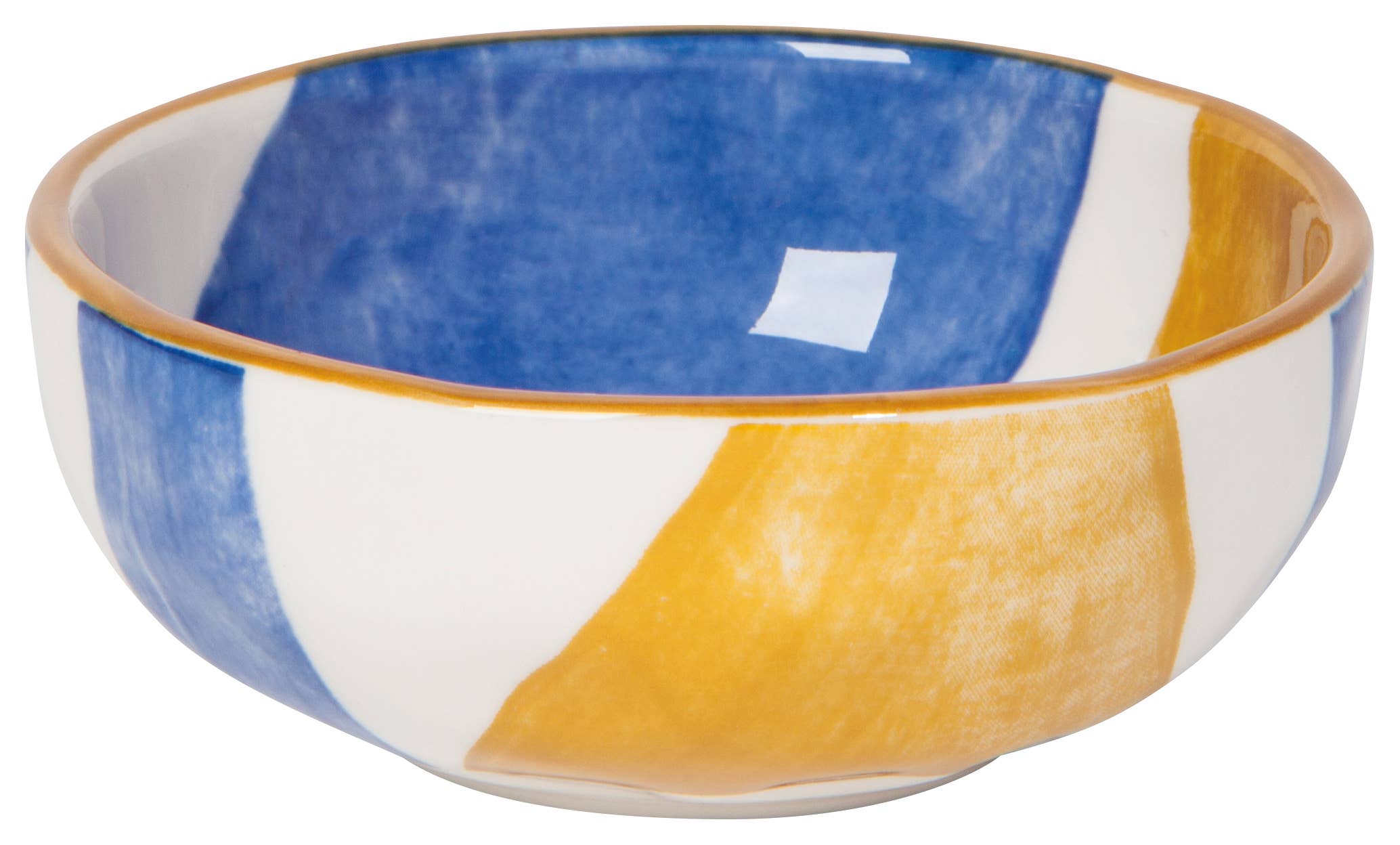 Canvas Pinch Bowls with abstract mustard yellow, navy blue, and light blue patterns.