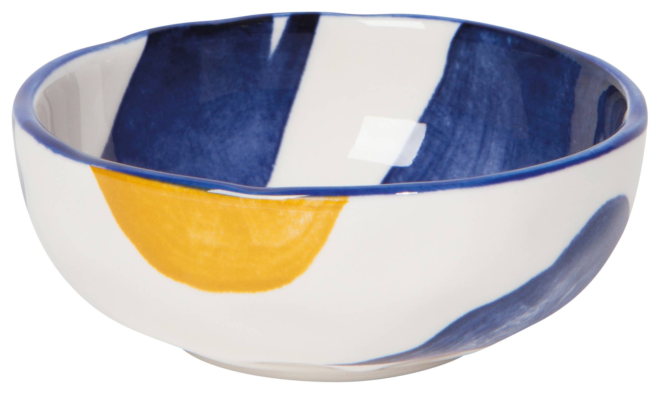 Canvas Pinch Bowls with abstract mustard yellow, navy blue, and light blue patterns.
