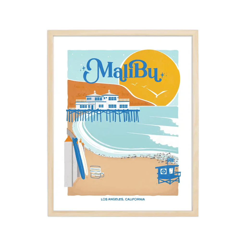 Elegant print illustrating Malibu's pristine beaches, waves, and coastal charm, celebrating its Californian essence.