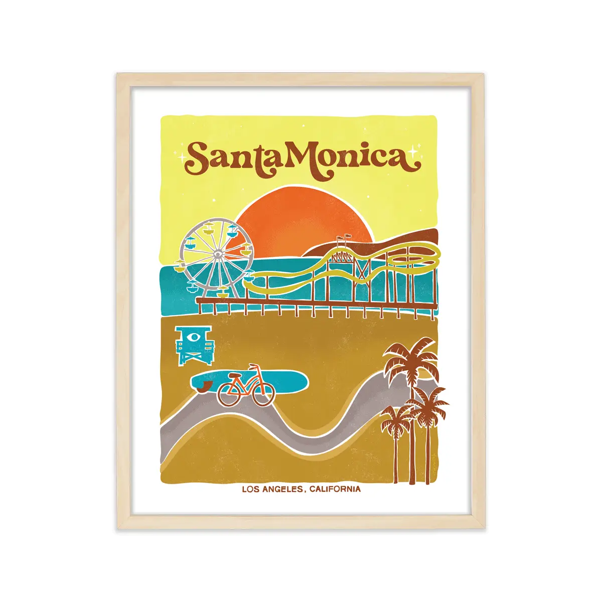 Artistic rendition of Santa Monica's lively pier, sun-drenched beaches, and coastal attractions, capturing its unmistakable charm.