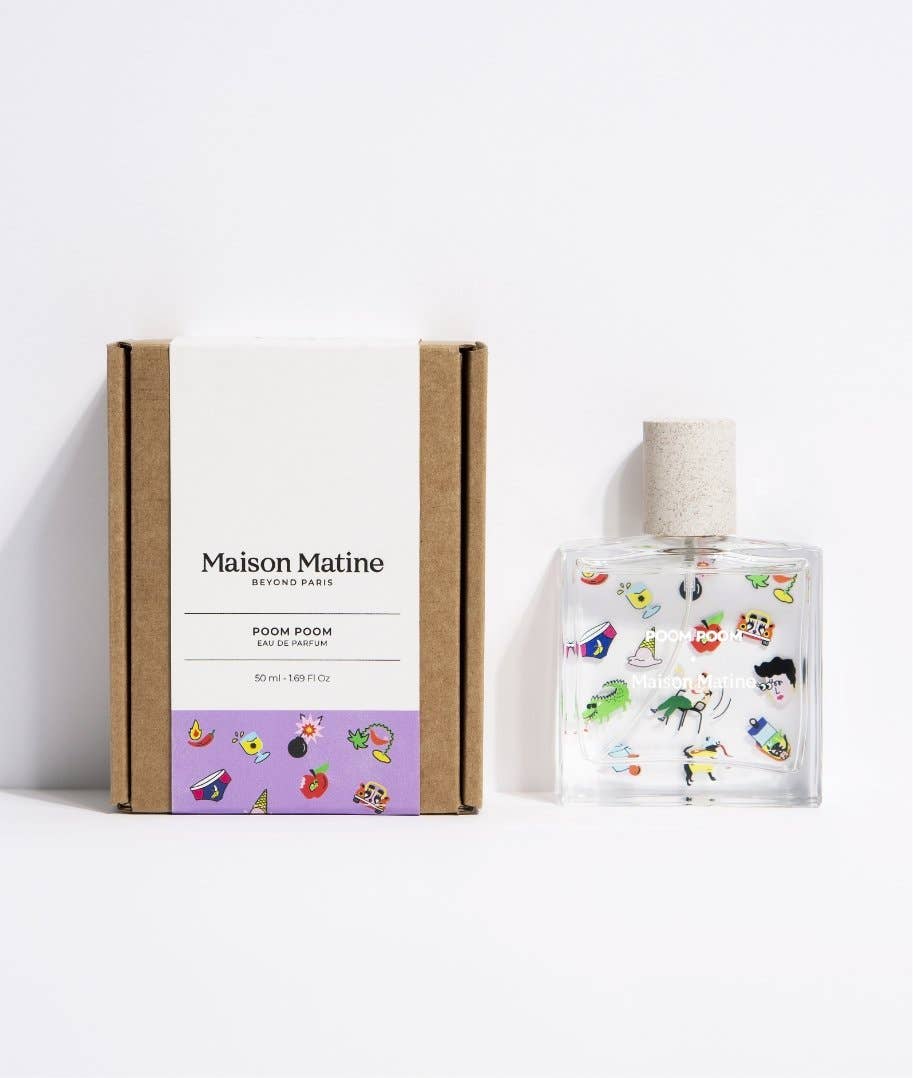 Poom Poom Eau de Parfum bottle with playful illustrations, displayed on an orange and white striped fabric background.