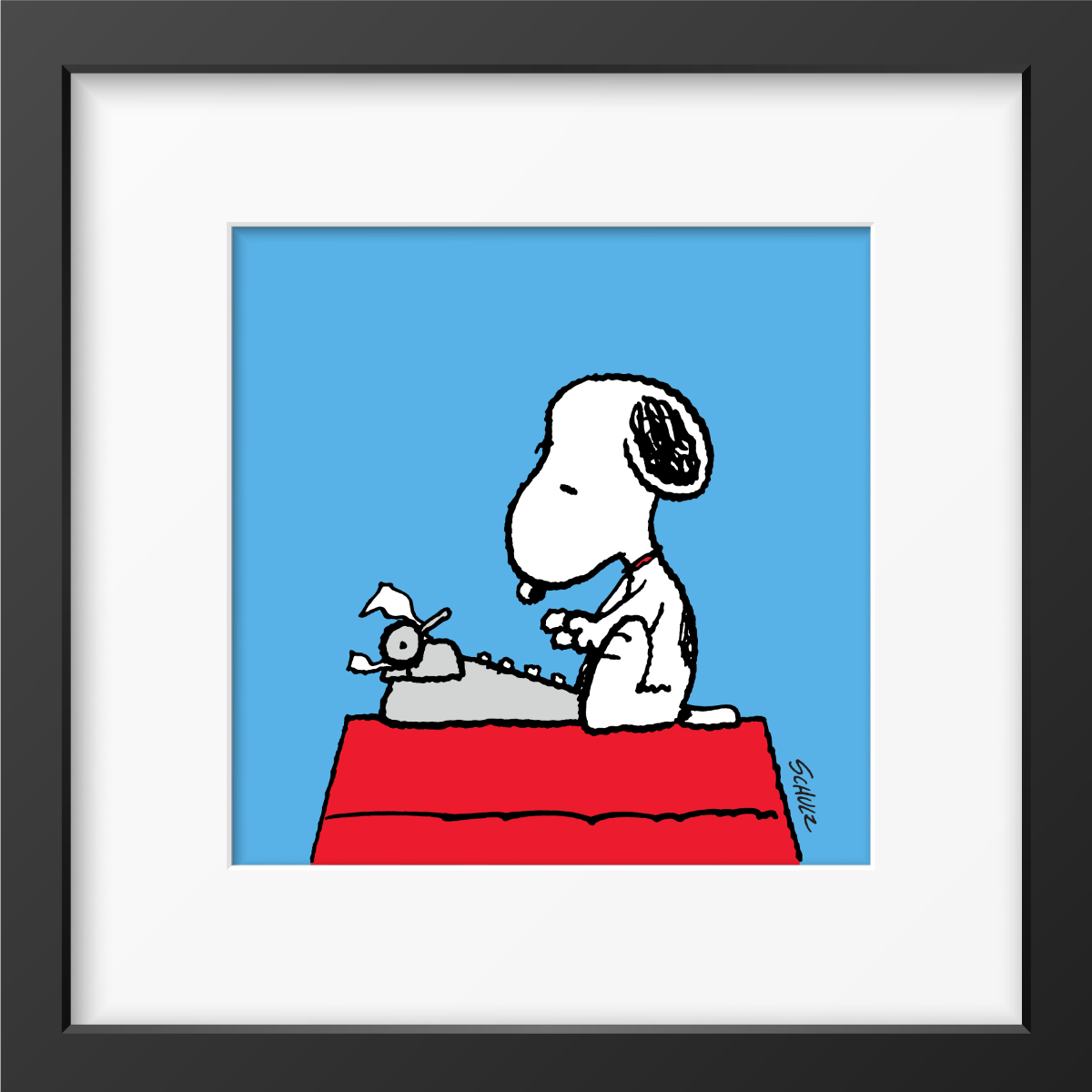 Framed illustration of a beagle using a typewriter on a red doghouse, set against a bright blue background.