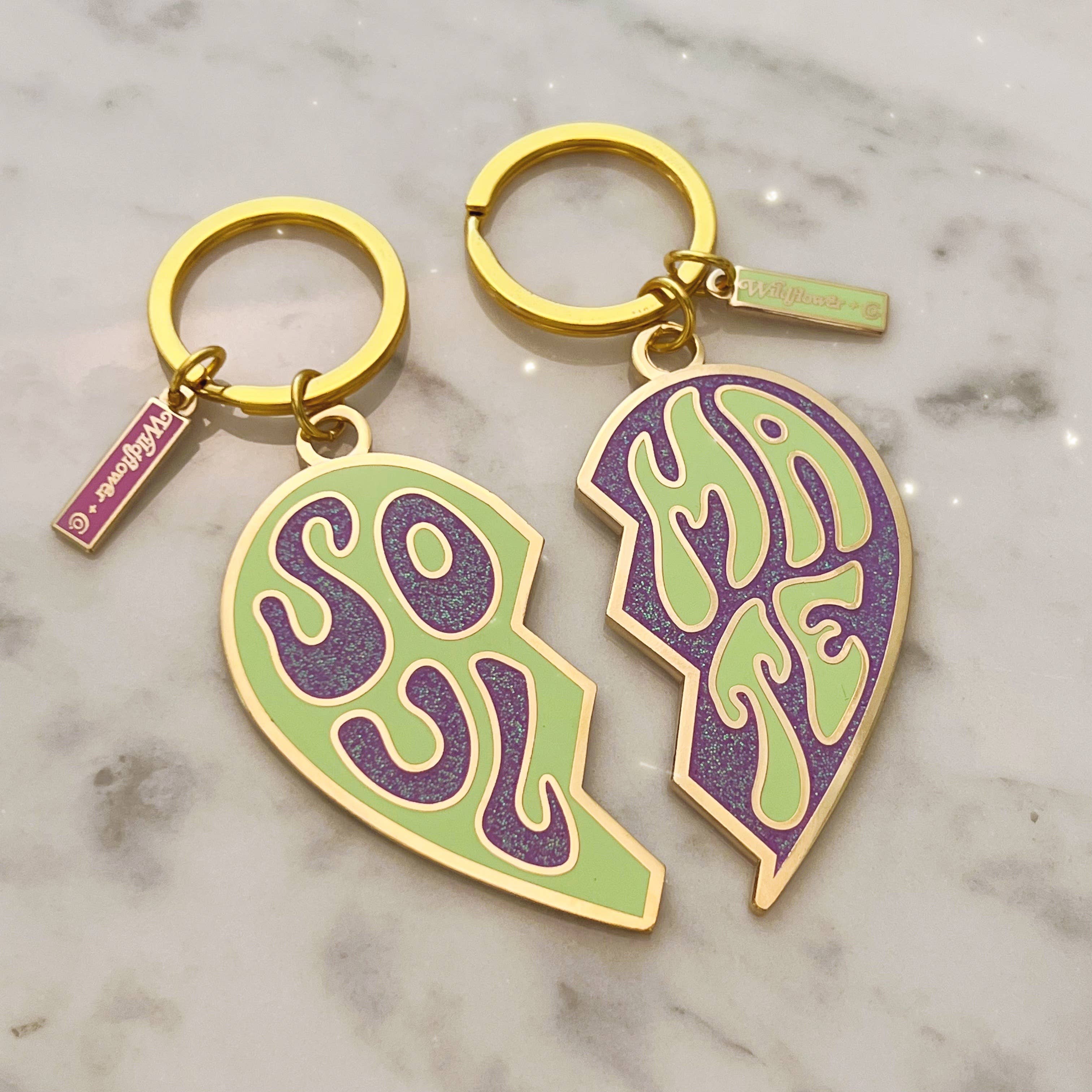 Soulmate Split Heart Keychain with a heart split into two halves, each with the word “soulmate.”