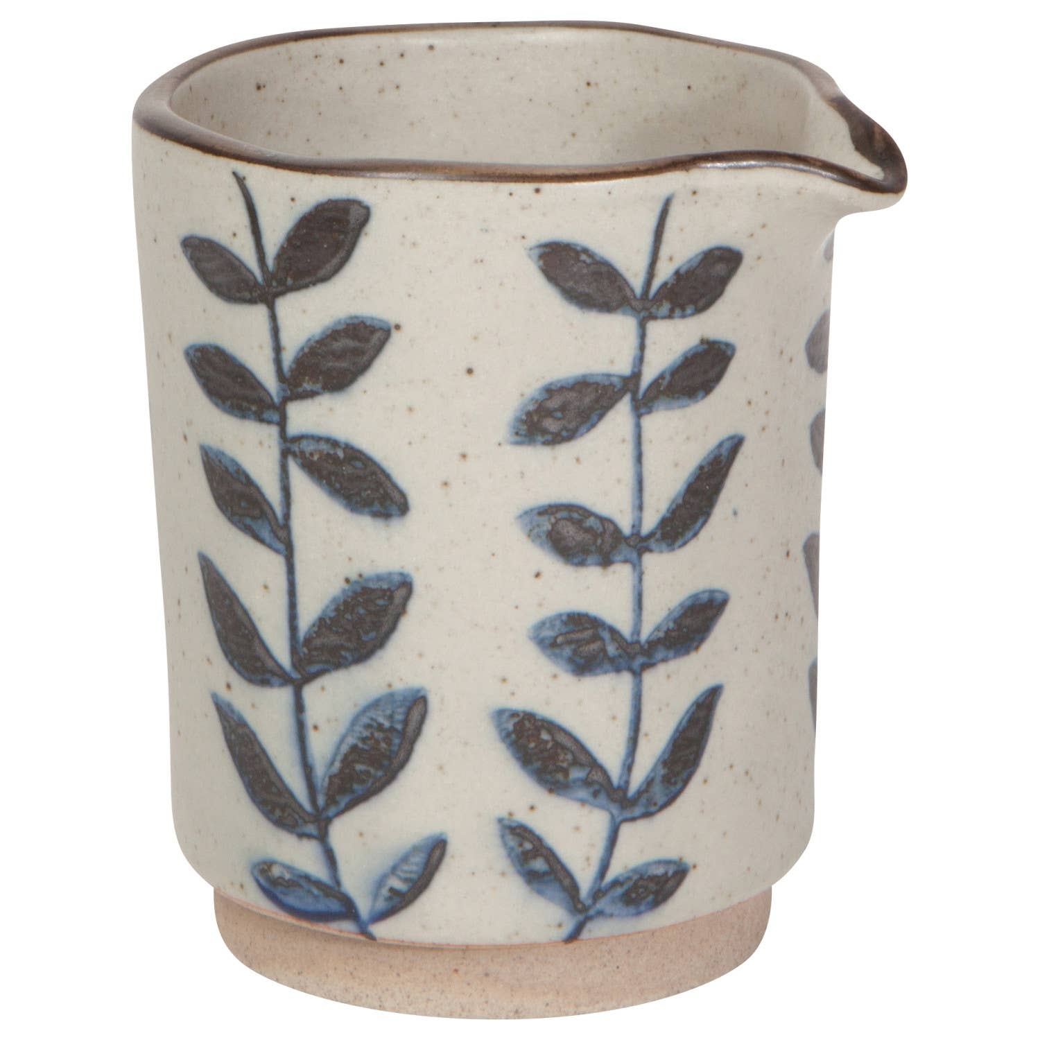Small ceramic creamer with a speckled glaze and blue leaf pattern, ideal for serving cream, milk, or sauces.