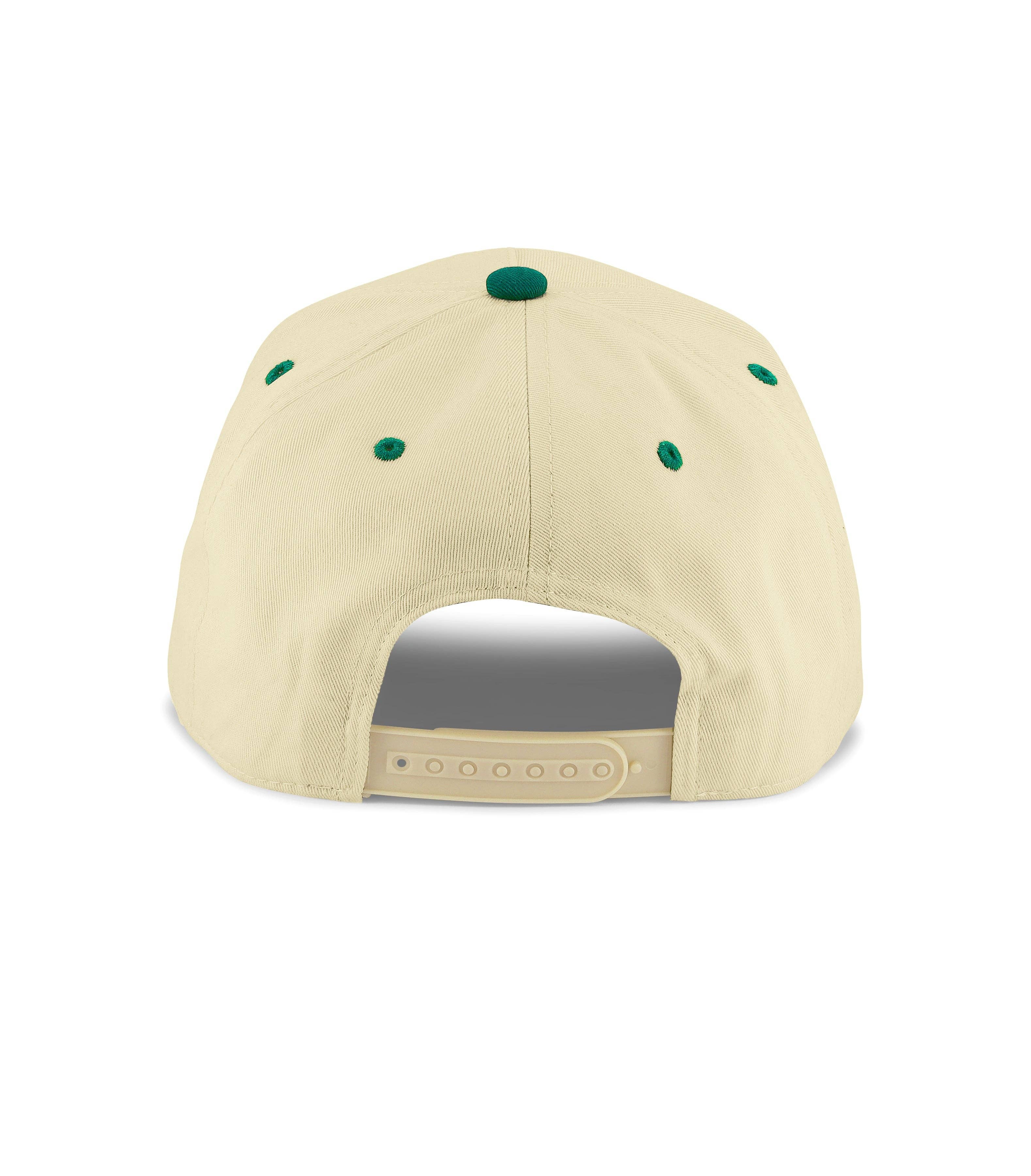 Beige cap with green accents on a white background
