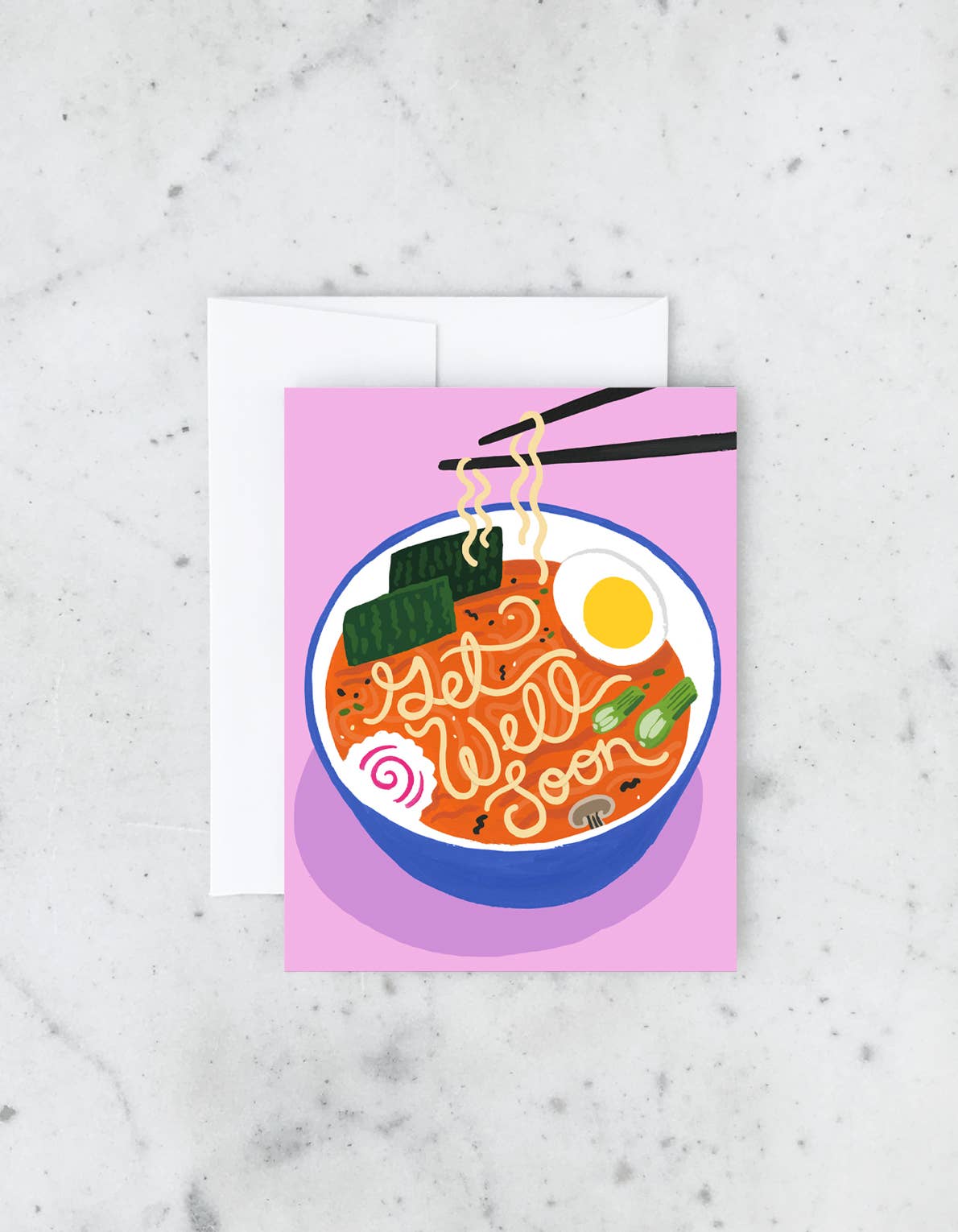 Greeting card with a bowl of ramen illustration on a pink background