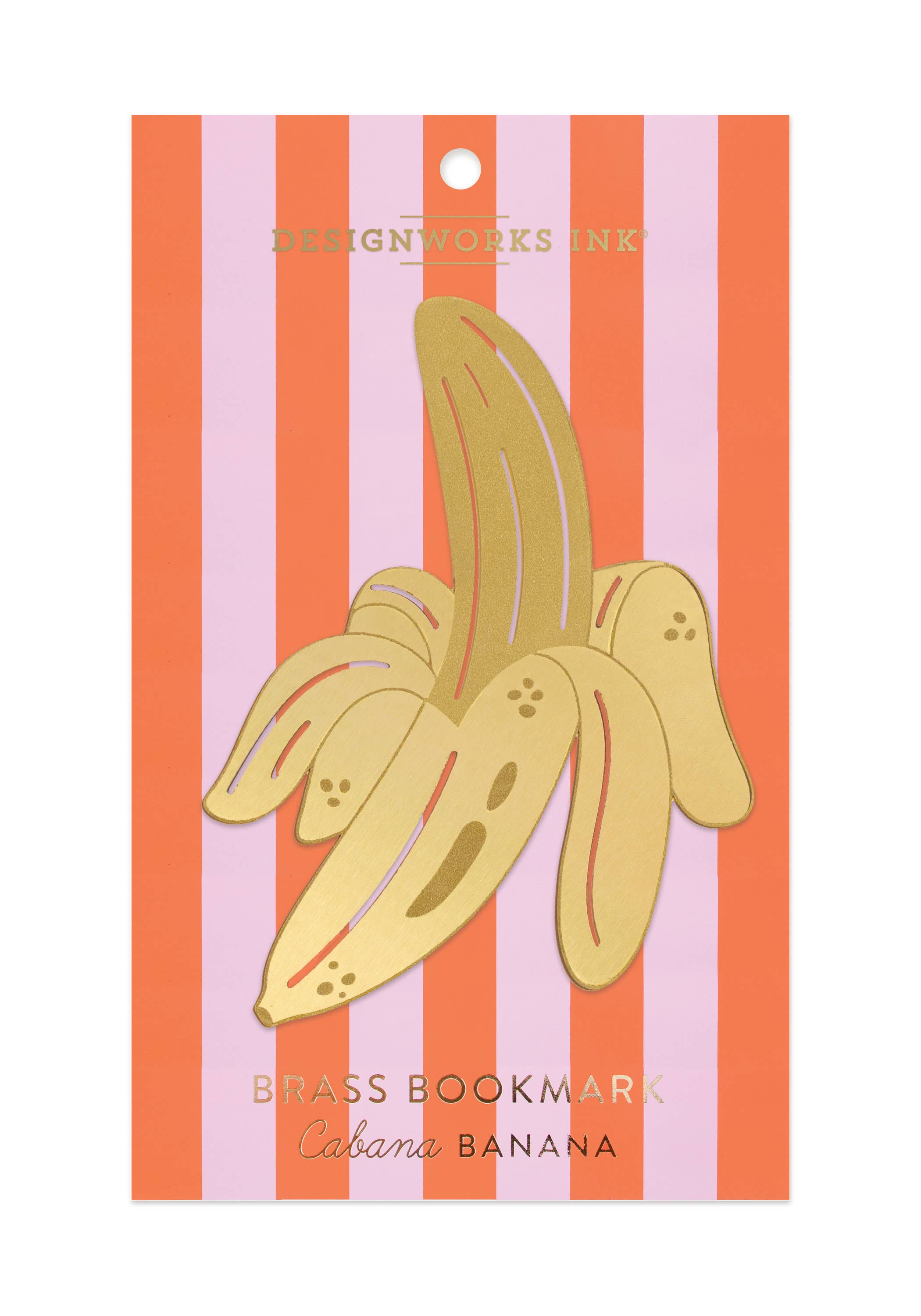 "Cabana Banana" brass metal bookmark in the shape of a peeled banana with an orange and pink striped background.