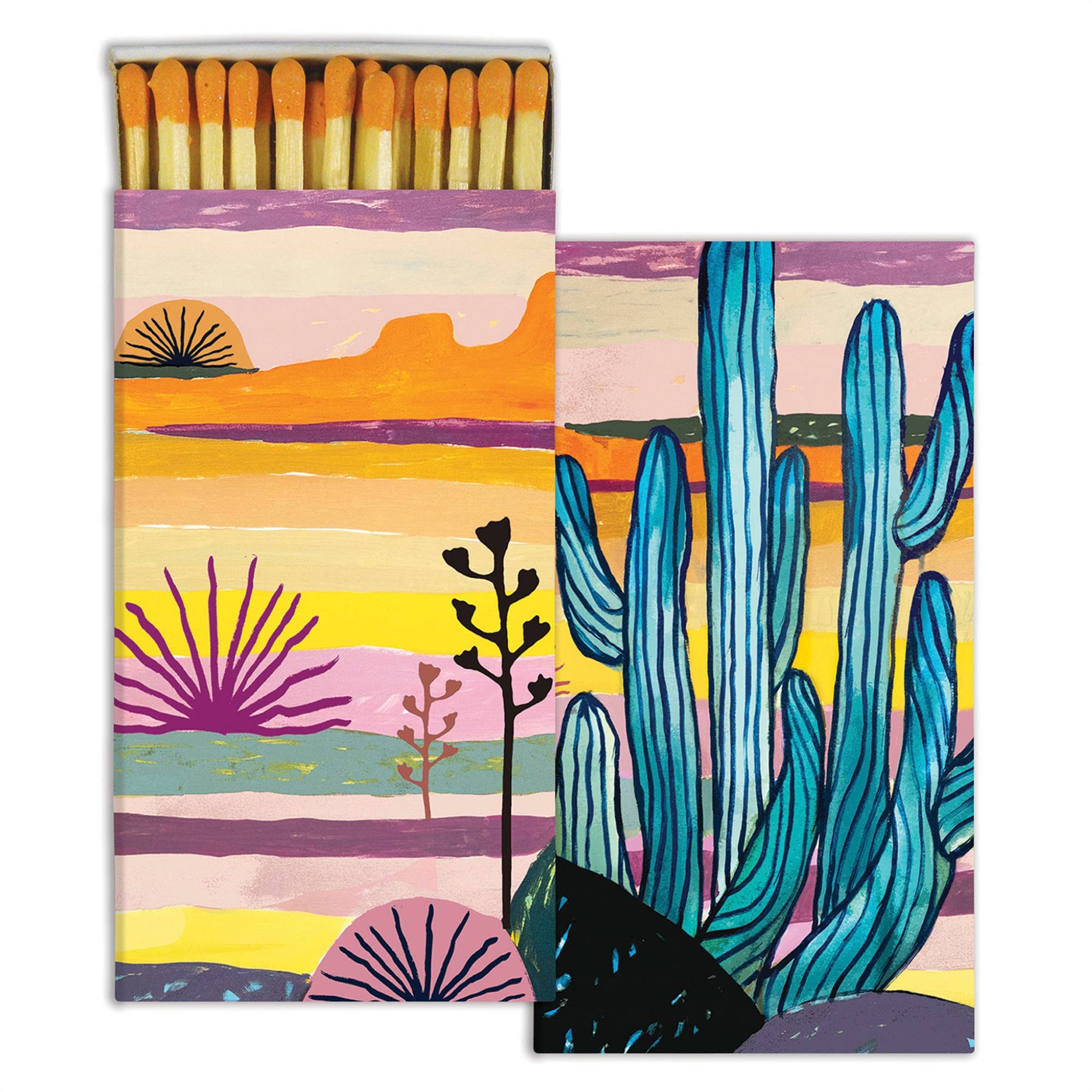 Matchbox with a colorful desert landscape illustration, featuring cacti and sunset-inspired tones.