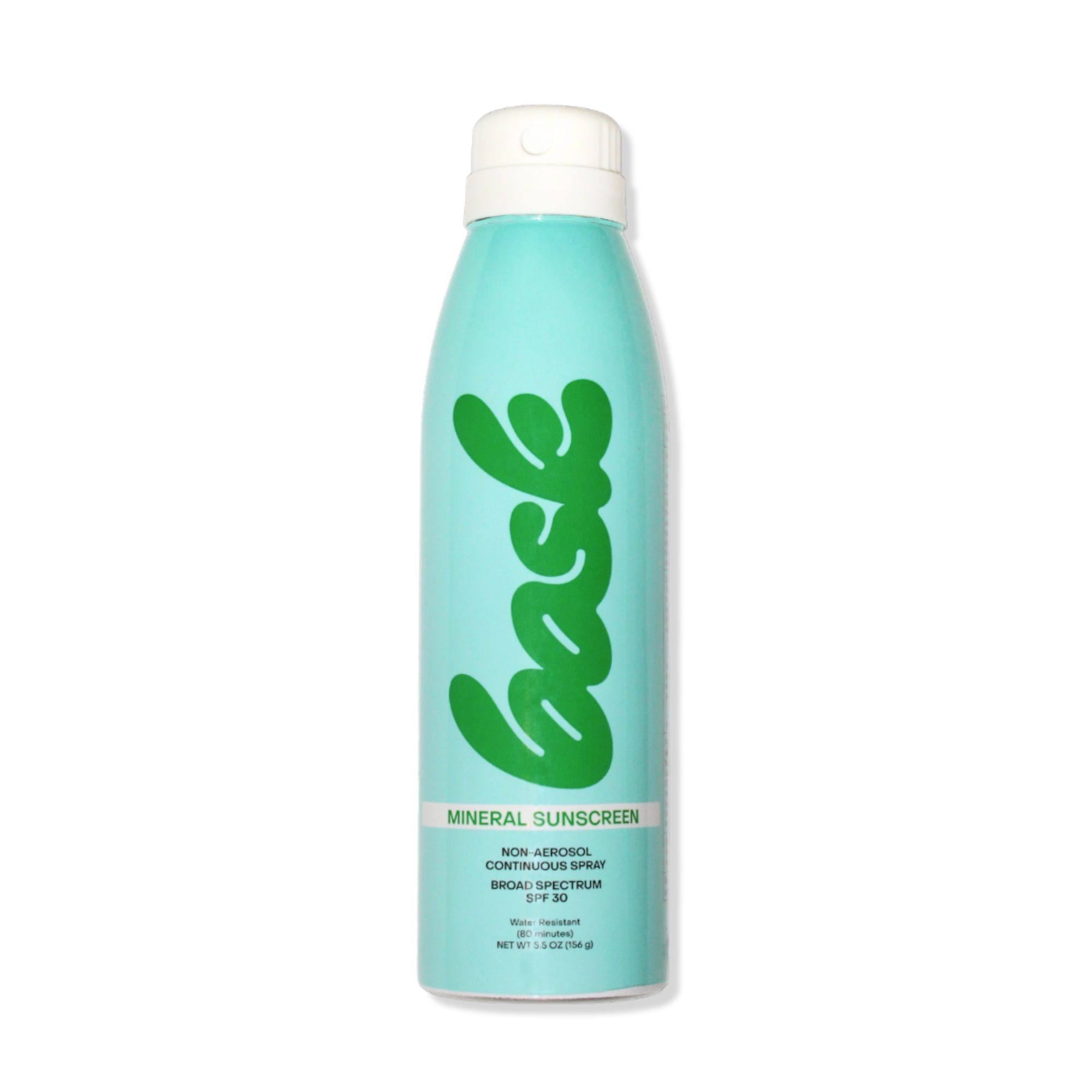 A bottle of Bask SPF 30 Mineral Non-Aerosol Spray with a turquoise label on a white background.