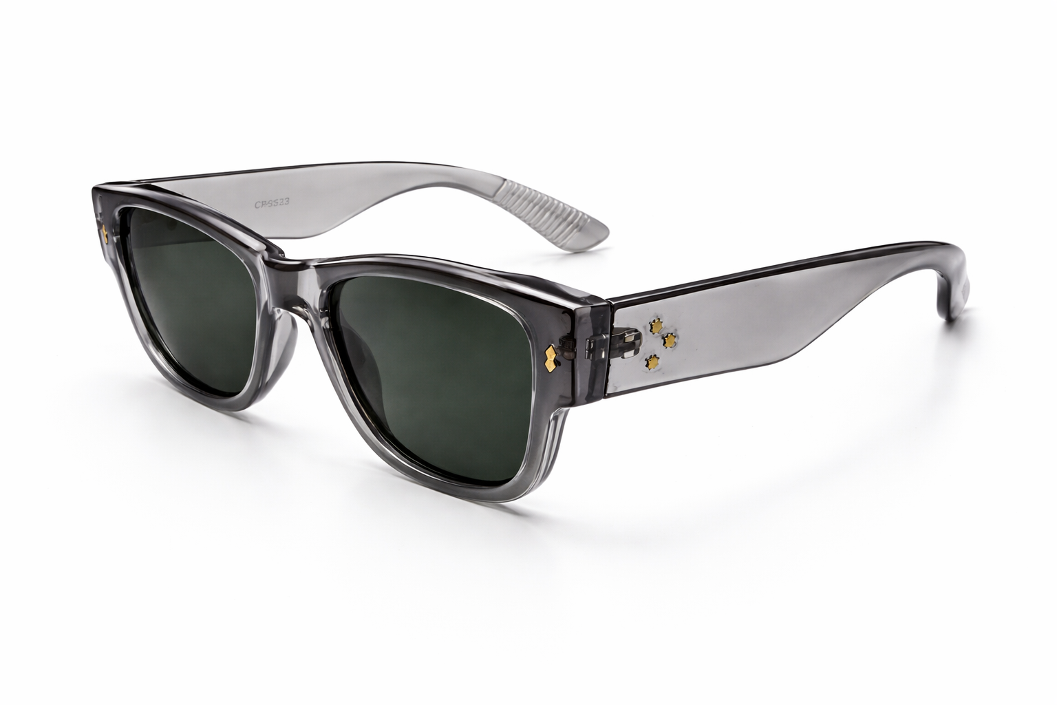 Sunglasses with a clear frame on a white background